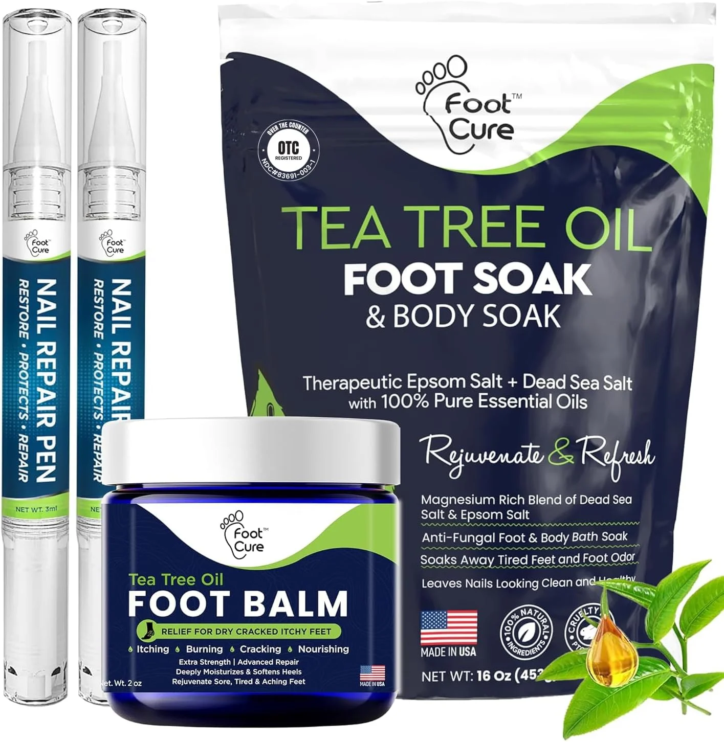 مجموعه درمان قارچ ناخن پا اکسترا قوی FOOT CURE - محلول خیساندن، قلم ترمیم کننده و بالم درخت چای - مجموعه ای عالی برای بوی بد پا، ترک خوردگی و تغییر رنگ قارچی ناخن - ساخت آمریکا