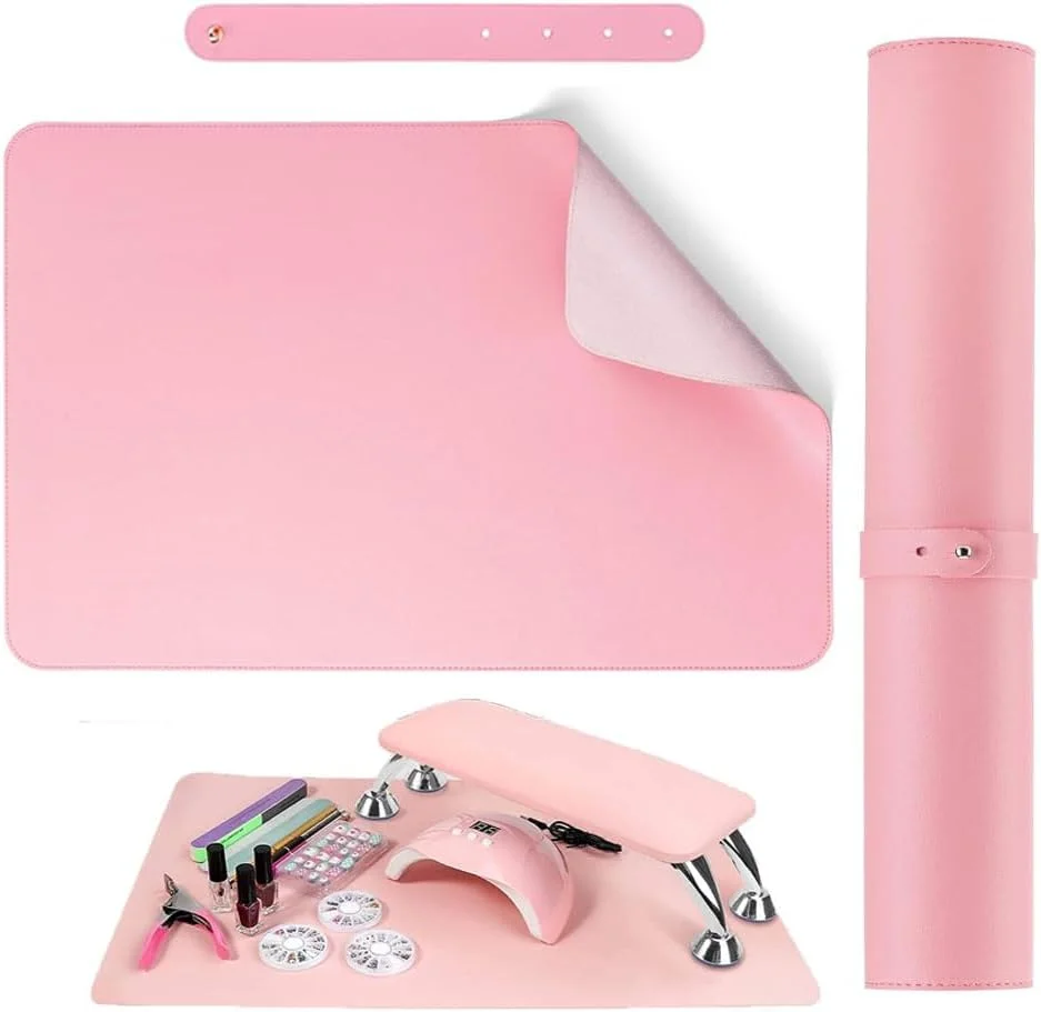 زیرانداز صورتی میز طراحی ناخن، پد استراحت دست برای ناخن، زیرانداز نرم چرمی PU میکروفیبر، پد تاشو استراحت دست ناخن، پد میز ناخن