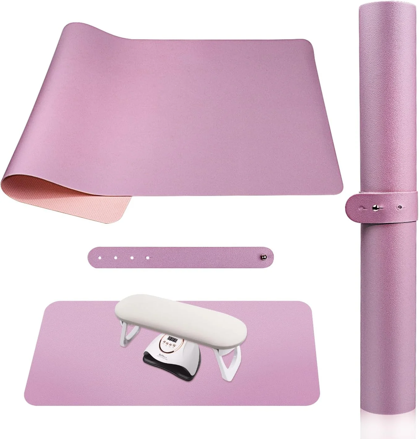 زیرانداز میز طراحی ناخن سوبای (فقط زیرانداز)، استراحتگاه نرم دست ناخن از جنس چرم PU میکروفیبر، بالشتک تاشو استراحتگاه ناخن پد میز مانیکور - صورتی و گل رز