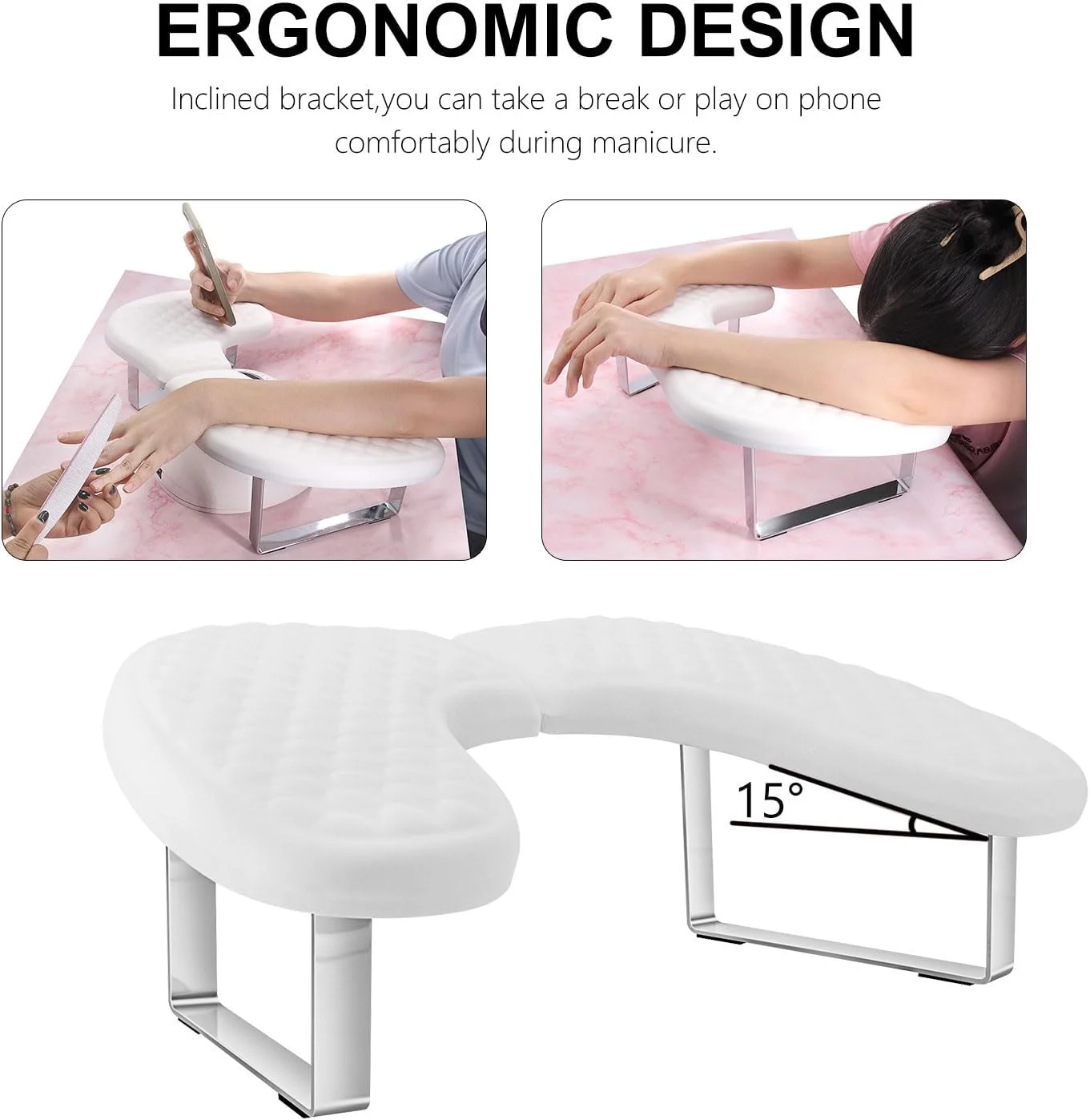 بالشتک استراحت دست U شکل نرم برای ناخن کار، نگهدارنده پایه استراحت دست مانیکور با قابلیت جدا شدن، پایه های شیب دار، فوم حافظه دار (سفید)