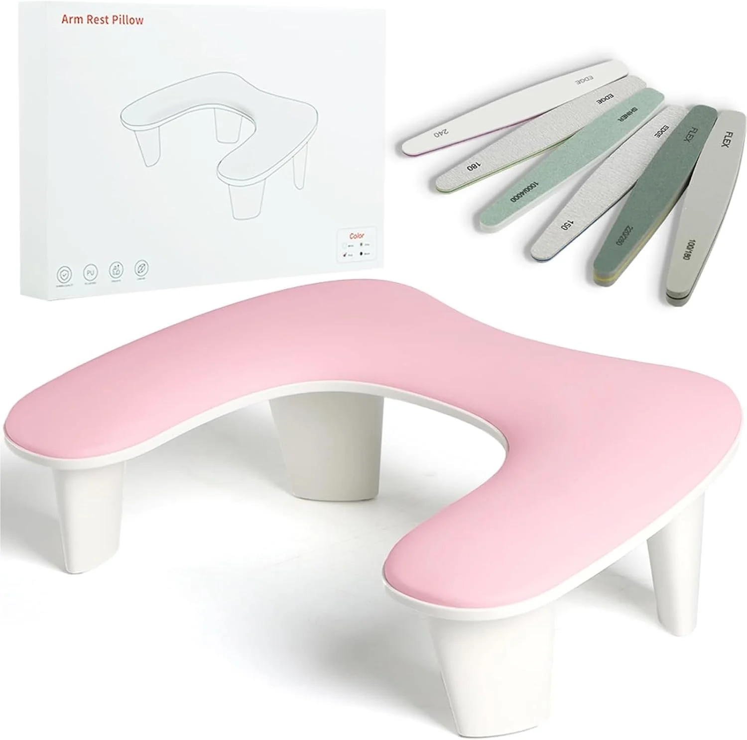 استراحتگاه دست دو طرفه برای تکنسین ناخن، استند قابل حمل حرفه ای دست ناخن، بالش دستی ناخن U شکل با 6 عدد سوهان ناخن، استند استراحتگاه مانیکور چرمی، لوازم ضروری مانیکوریست سالن (صورتی)