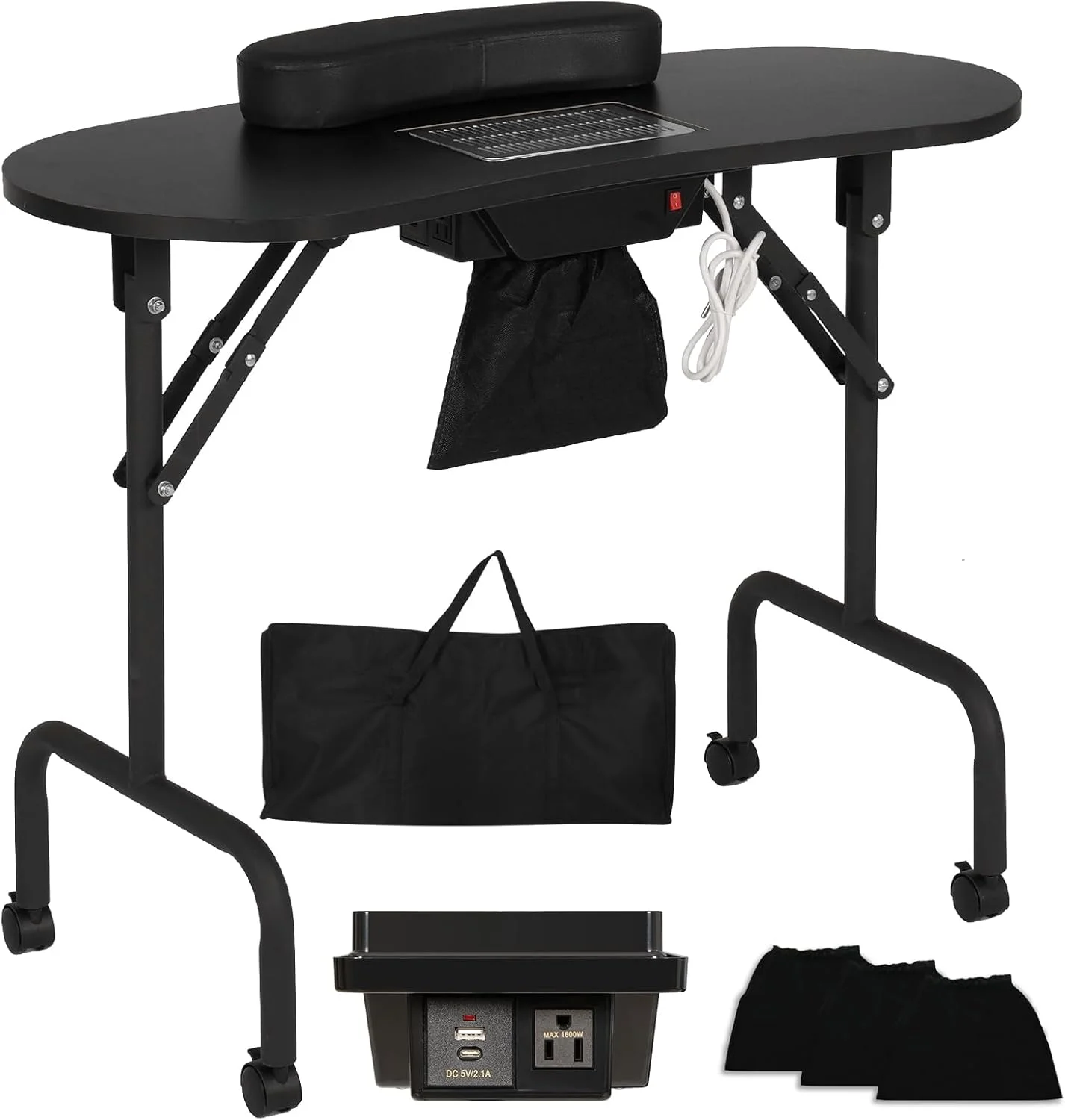 میز ناخن تاشو قابل حمل با ایستگاه شارژ و جمع کننده گرد و غبار، میز کار ناخن تاشو برای تکنسین اسپا سالن با پد مچ دست و 4 چرخ قفل شونده، 36 اینچ، مشکی