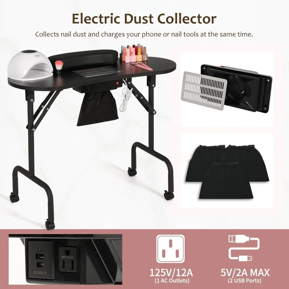 میز ناخن تاشو قابل حمل با ایستگاه شارژ و جمع کننده گرد و غبار، میز کار ناخن تاشو برای تکنسین اسپا سالن با پد مچ دست و 4 چرخ قفل شونده، 36 اینچ، مشکی میز ناخن تاشو قابل حمل با ایستگاه شارژ و جمع کننده گرد و غبار، میز کار ناخن تاشو برای تکنسین اسپا سالن با پد مچ دست و 4 چرخ قفل شونده، 36 اینچ، مشکی