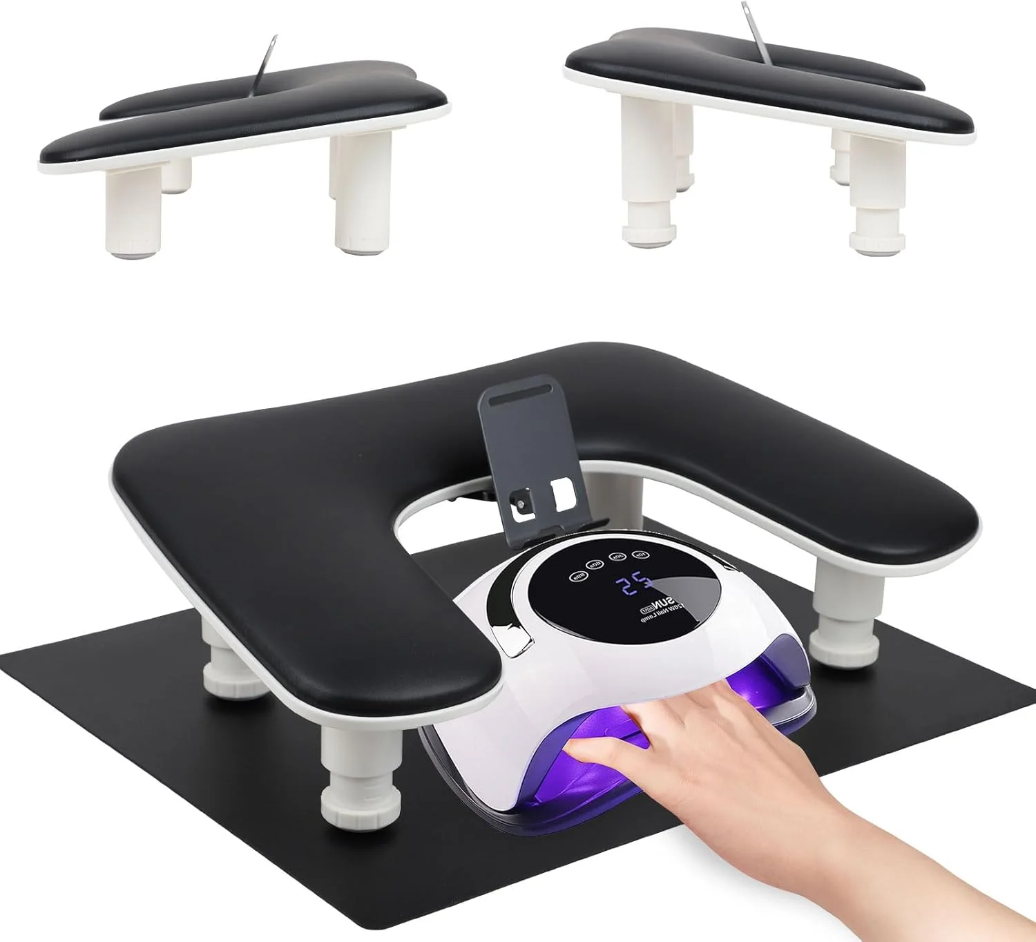 تکیه گاه دست برای ناخن کار با زیرانداز میز ناخن، پایه قابل تنظیم U شکل، بالشتک استند استراحت دست برای هنر ناخن آکریلیک (مشکی)