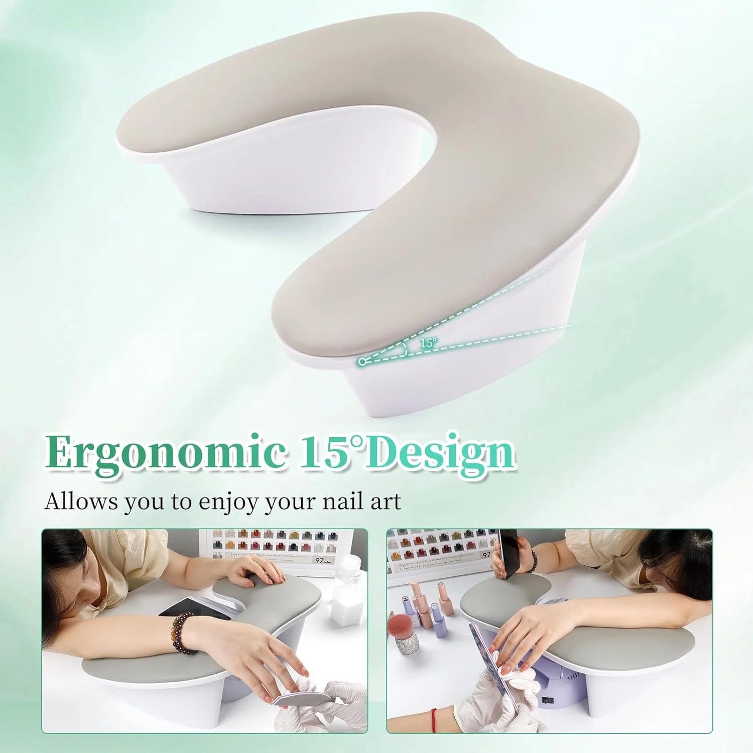 تکیه گاه دست برای ناخن کار، تکیه گاه دست U شکل از جنس چرم PU نرم، تکیه گاه دست با زاویه شیب ارگونومیک برای ناخن کار، کوسن تکیه گاه دست مانیکور سالن حرفه ای (خاکستری)