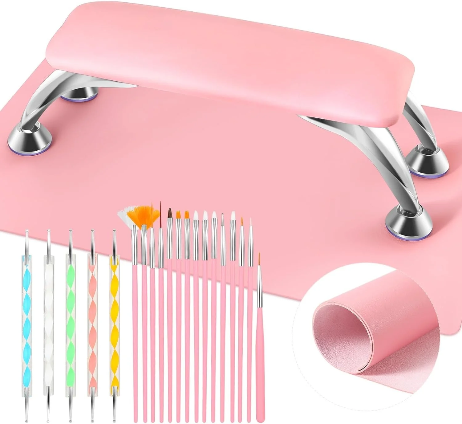 تکیه گاه بزرگ دست برای ناخن فروشگاه سفید، تکیه گاه دست ناخن از جنس چرم میکروفیبر، تکیه گاه نرم دست برای ناخن های دست و پا، تکیه گاه دست ناخن قابل جابجایی با ابزار نصب و ابزار مانیکور (صورتی)