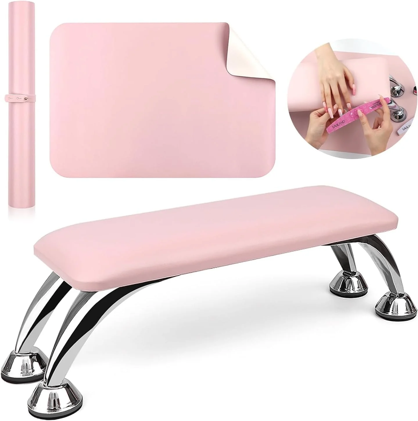 استند حرفه ای زیر دستی طراحی ناخن با زیرانداز. زیر دستی چرمی مصنوعی برای ناخن های اکریلیک، دارای بالشتک اسفنجی نرم و نگهدارنده دست و زیرانداز ضد لغزش میز ناخن، مناسب برای استفاده تکنسین های ناخن (صورتی)