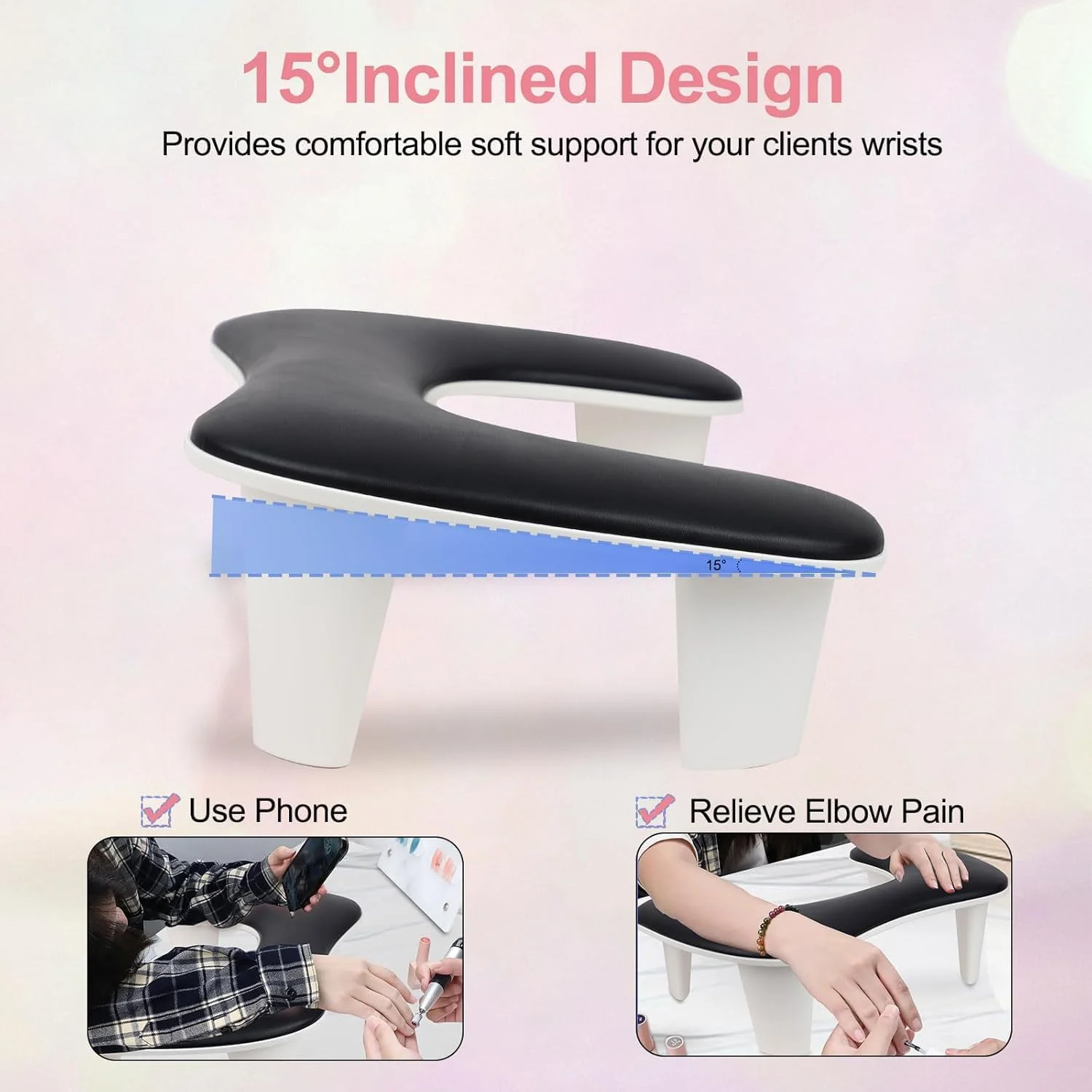 پایه استراحت دست مانیکور حرفه ای U شکل، روکش چرم PU میکروفایبر، بالشتک بزرگ مشکی