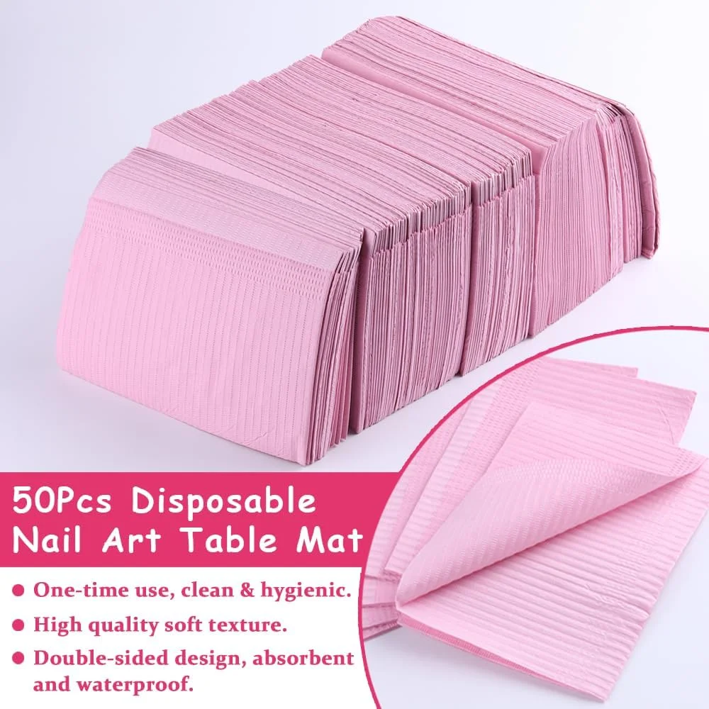 50 عدد زیرانداز یکبار مصرف میز طراحی ناخن، حوله کاغذی صورتی تاشو از جنس خمیر چوب برای تمرین کاشت ناخن اکریلیک، پدهای تمیز کننده ضد آب 3 لایه، لوازم پوشش میز ناخن برای مانیکور سالن