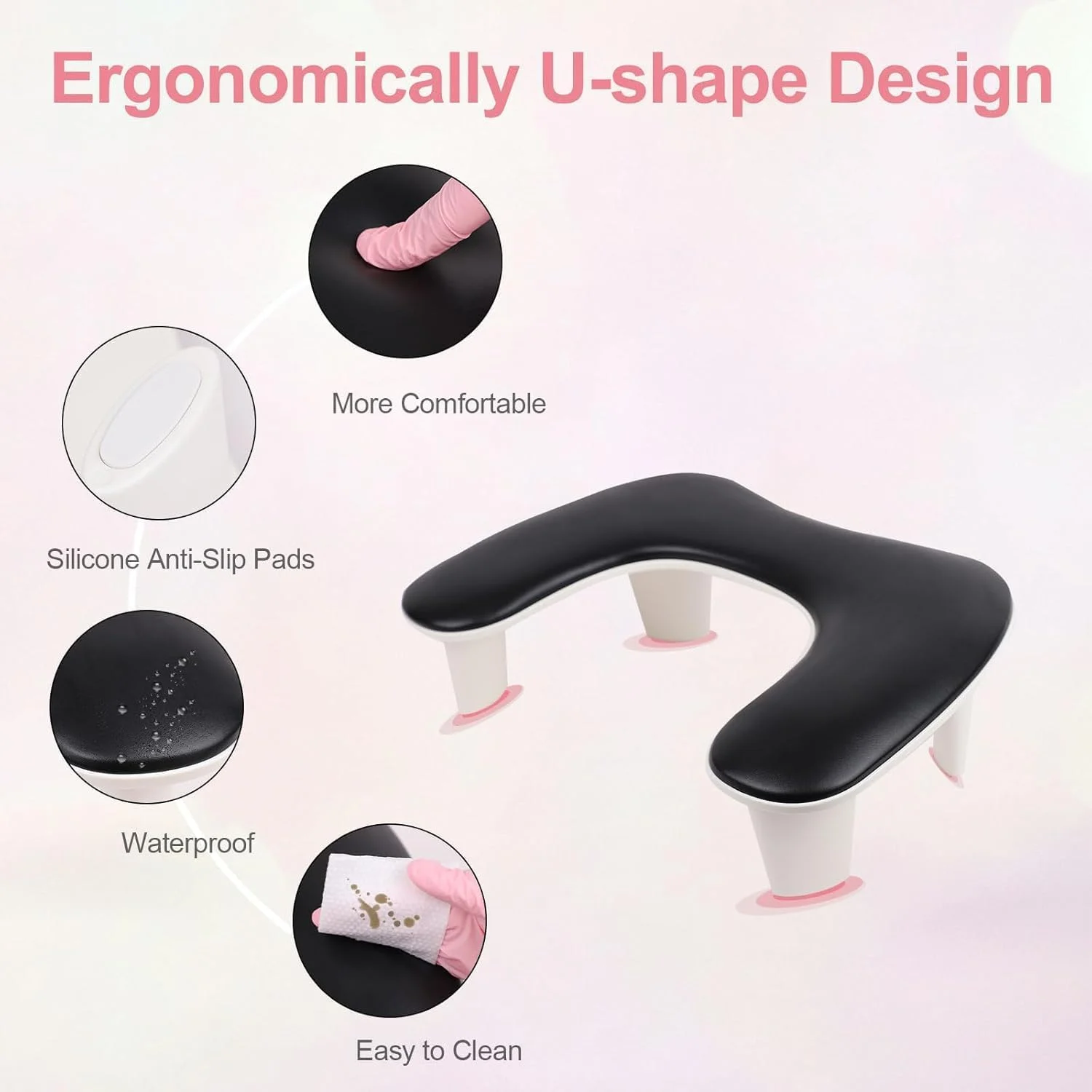 پایه استراحت دست مانیکور حرفه ای U شکل، روکش چرم PU میکروفایبر، بالشتک بزرگ مشکی