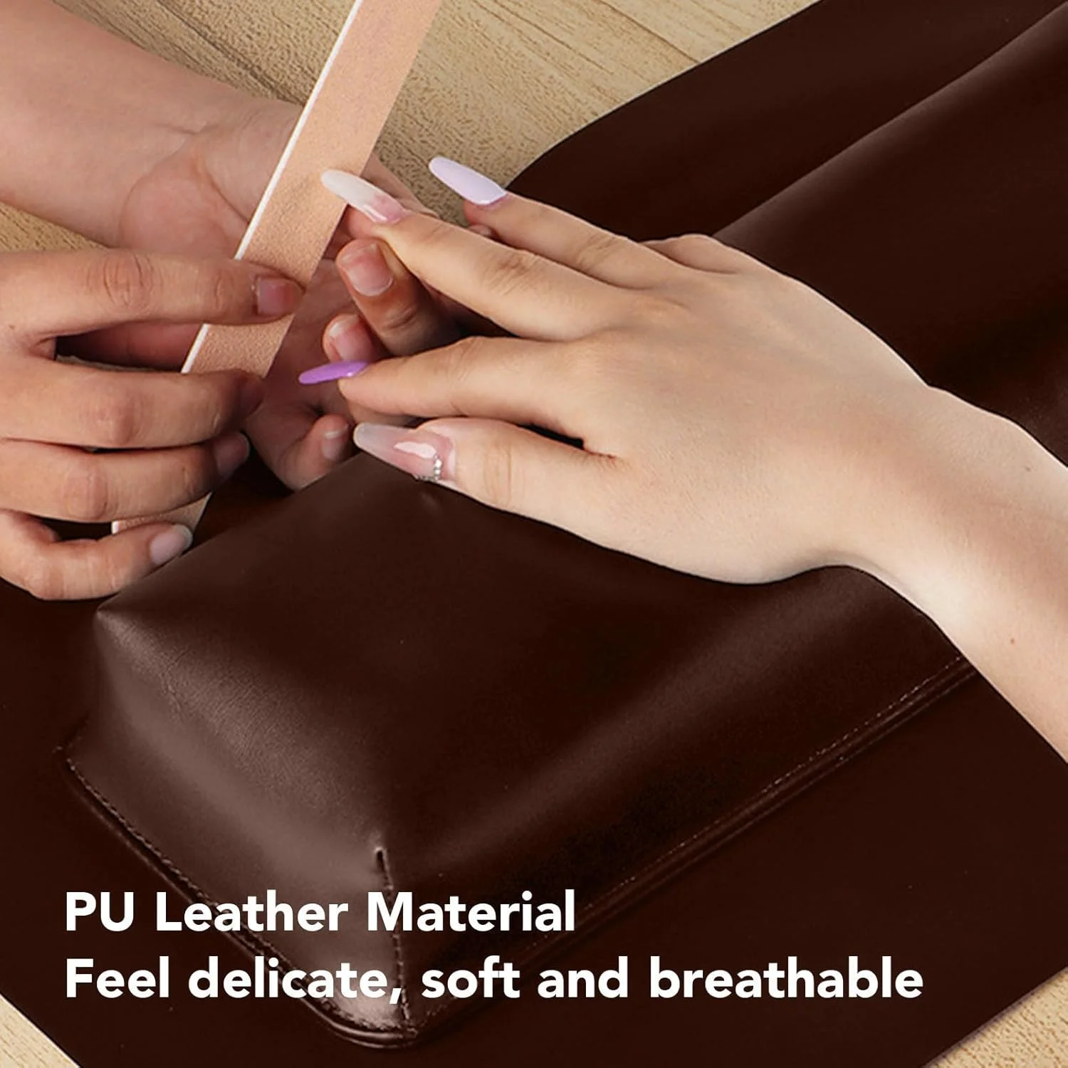 بالشتک زیر دستی ناخن، روکش چرمی PU مستطیلی، اسفنج نرم با تراکم بالا، فوم حافظه دار الاستیک، میز کار حرفه ای ناخن، قهوه ای