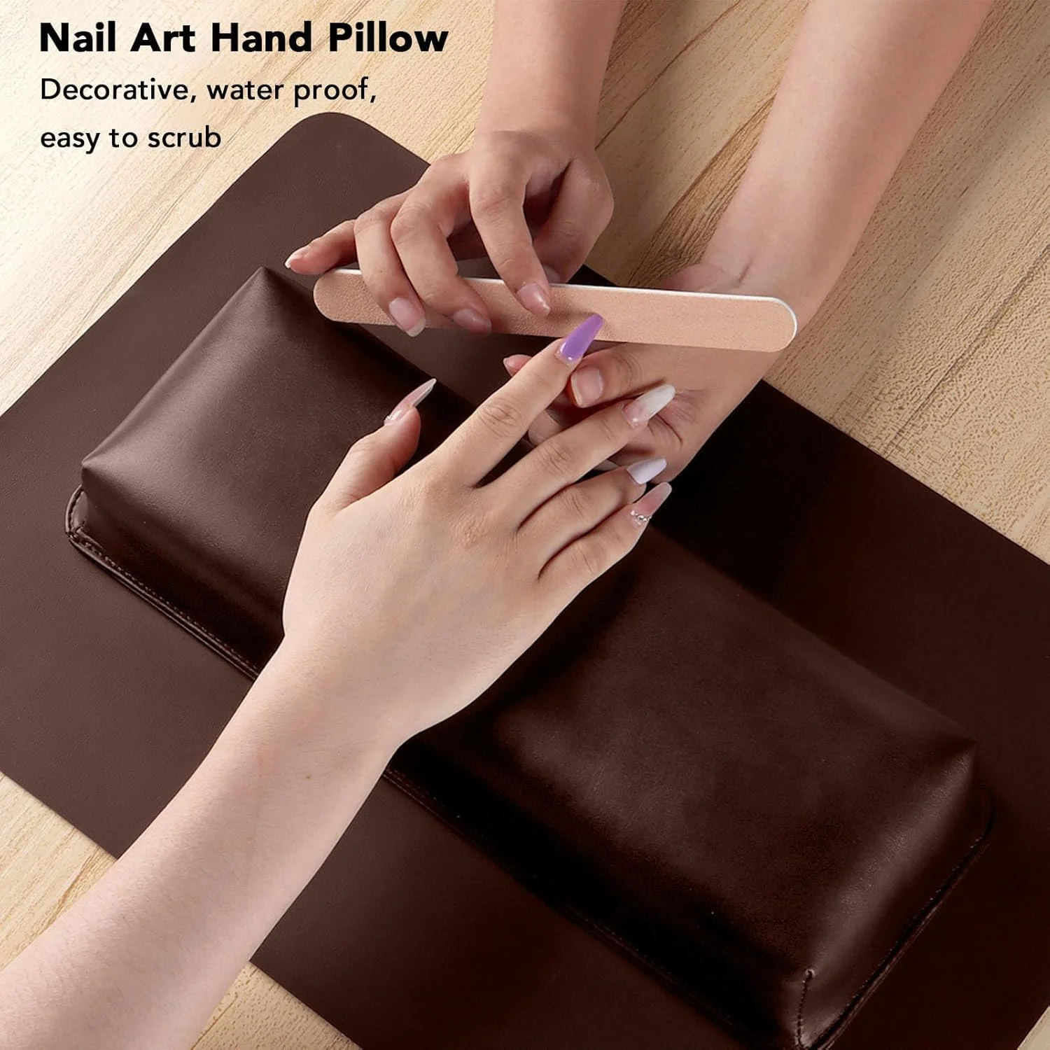 بالشتک زیر دستی ناخن، روکش چرمی PU مستطیلی، اسفنج نرم با تراکم بالا، فوم حافظه دار الاستیک، میز کار حرفه ای ناخن، قهوه ای