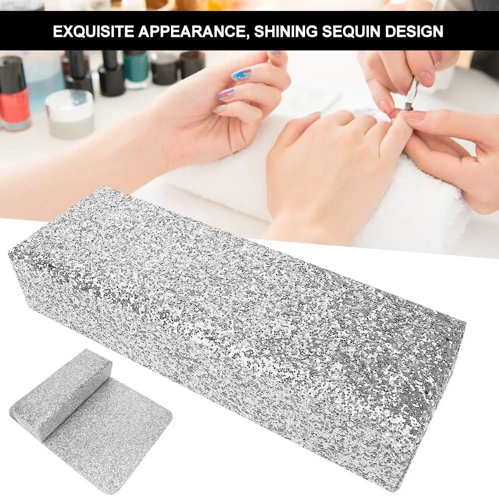 بالشتک ناخن، نگهدارنده دست سالن، پد بالشتکی زیر دستی میز طراحی ناخن با پولک درخشان، ابزار مانیکور (نقره ای)