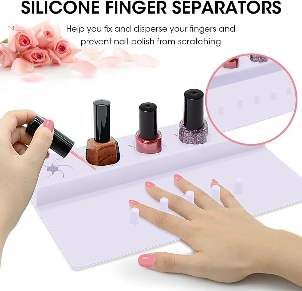 نگهدارنده لاک ناخن، زیردستی سیلیکونی، ابزار طراحی ناخن 2 در 1، ست لوازم جانبی هنری با پایه ضد ریزش لاک و جداکننده انگشت برای پدیکور و مانیکور - بنفش