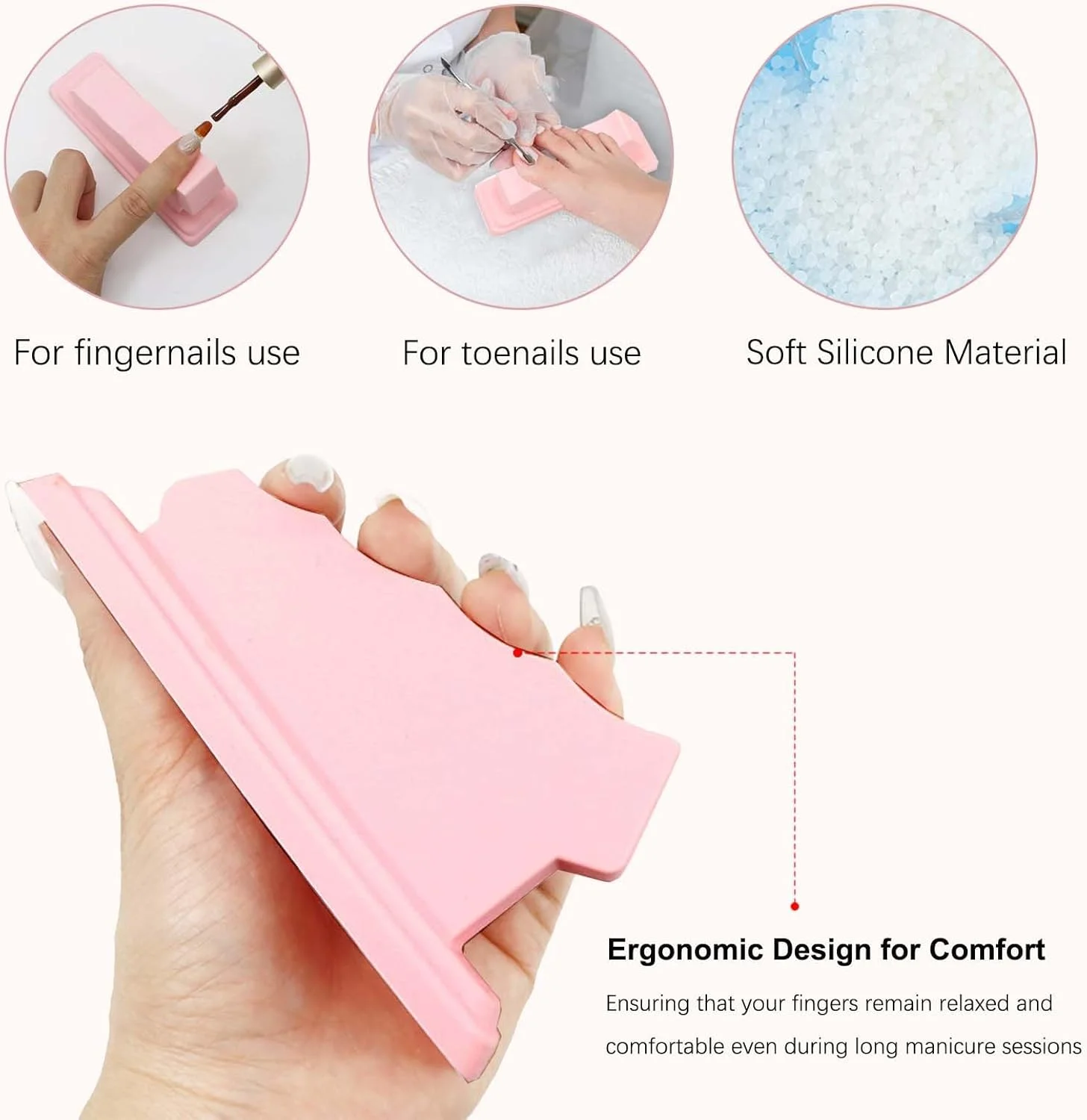 پایه نگهدارنده ناخن - تکیه گاه دست سیلیکونی با جدا کننده انگشت، برای مانیکور در خانه یا سالن، طراحی ضد لغزش برای طراحی راحت ناخن (صورتی)