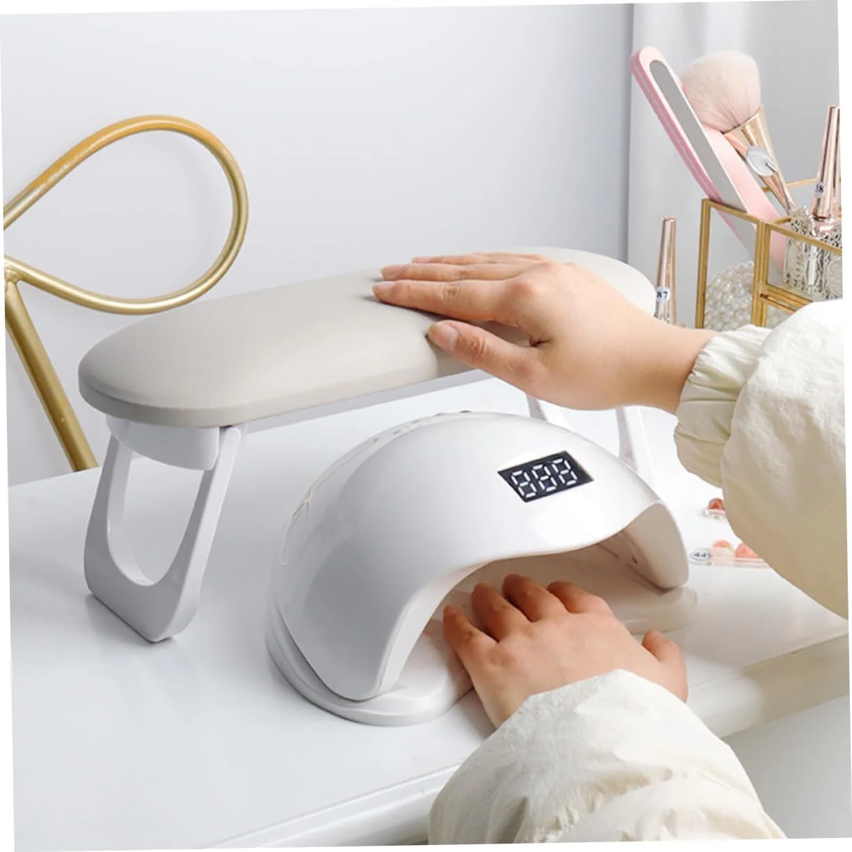 زیر دستی مانیکور، زیر دستی تاشو چرمی PU، استند بالشتک دستی مانیکور با تشک رومیزی PVC برای سالن ناخن و دکوراسیون (سفید) زیر دستی مانیکور، زیر دستی تاشو چرمی PU، استند بالشتک دستی مانیکور با تشک رومیزی PVC برای سالن ناخن و دکوراسیون (سفید)