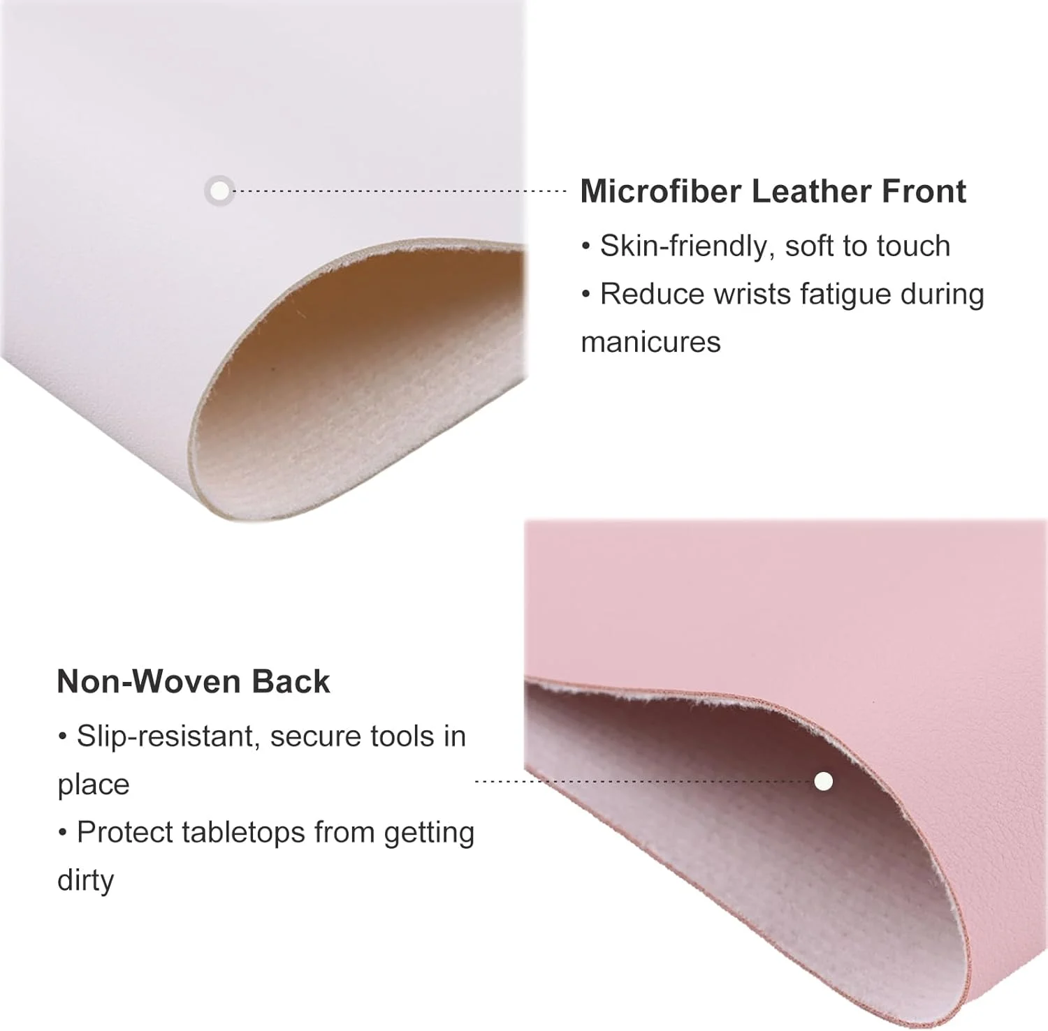 دو عدد زیر دستی میز ناخن تاشو ضد آب از جنس میکروفیبر نرم و چرم مصنوعی PU، بالشتک ناخن، مناسب برای استفاده در منزل، سالن، میز غذاخوری، محافظ میز، صورتی و سفید