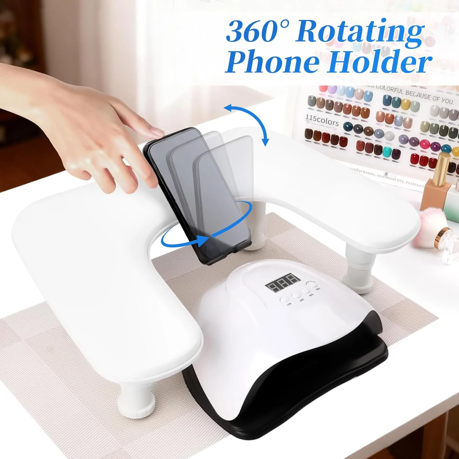 تکیه گاه بزرگ و قابل تنظیم دست ناخن برای تکنسین های ناخن با نگهدارنده چرخشی تلفن، تکیه گاه دست مانیکور U شکل، پایه دست چرمی PU با پد برای سالن ناخن و DIY (سفید) تکیه گاه بزرگ و قابل تنظیم دست ناخن برای تکنسین های ناخن با نگهدارنده چرخشی تلفن، تکیه گاه دست مانیکور U شکل، پایه دست چرمی PU با پد برای سالن ناخن و DIY (سفید)