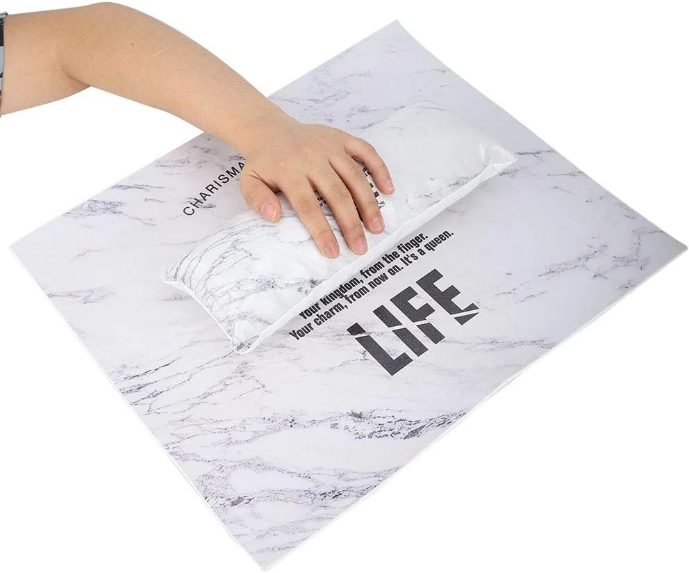 ست زیر دستی و پد طراحی ناخن، زیر دستی قابل شستشو + زیرانداز میز برای سالن های زیبایی و استفاده خانگی، نگهدارنده کوسن مانیکور PU (طرح سنگ مرمر)