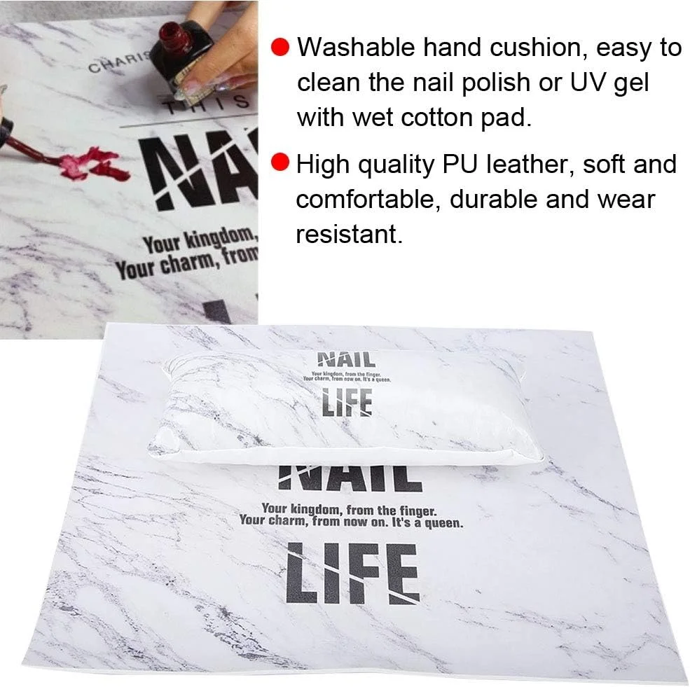 ست زیر دستی و پد طراحی ناخن، زیر دستی قابل شستشو + زیرانداز میز برای سالن های زیبایی و استفاده خانگی، نگهدارنده کوسن مانیکور PU (طرح سنگ مرمر)