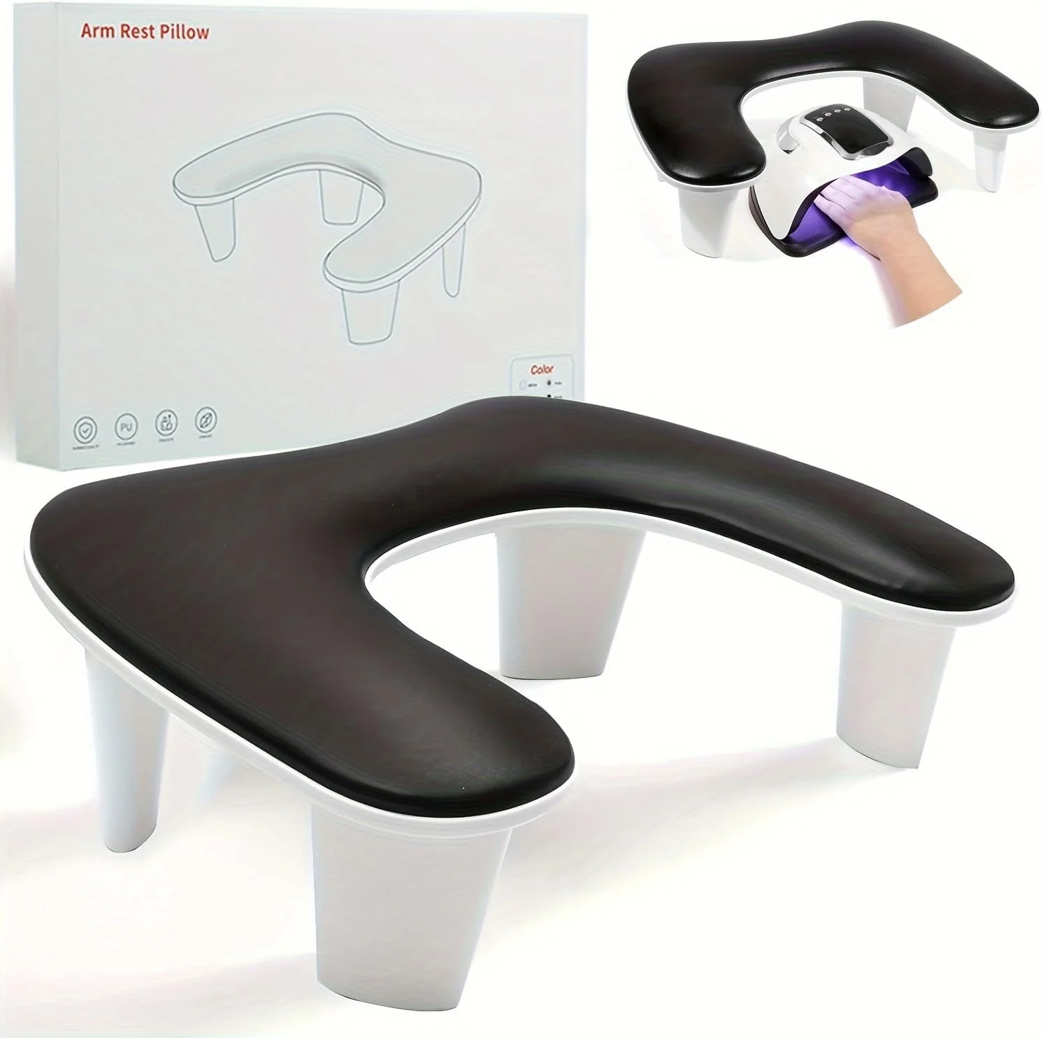 استراحتگاه دست ناخن U شکل - استراحتگاه دست ناخن مشکی، بالشتک نرم و راحت برای مانیکور، پایه چرمی PU برای هنر ناخن اکریلیک، نصب سریع