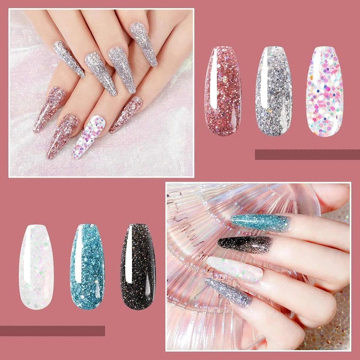 ست ژل ناخن پلی گلیتر، ست ژل اکستنشن ناخن پلی الماسی فوق العاده براق آبی، 6 رنگ تقویت کننده، ناخن آسان و مد روز برای مبتدیان، بی ضرر و کم بو (6 عدد، 15 میلی لیتر)