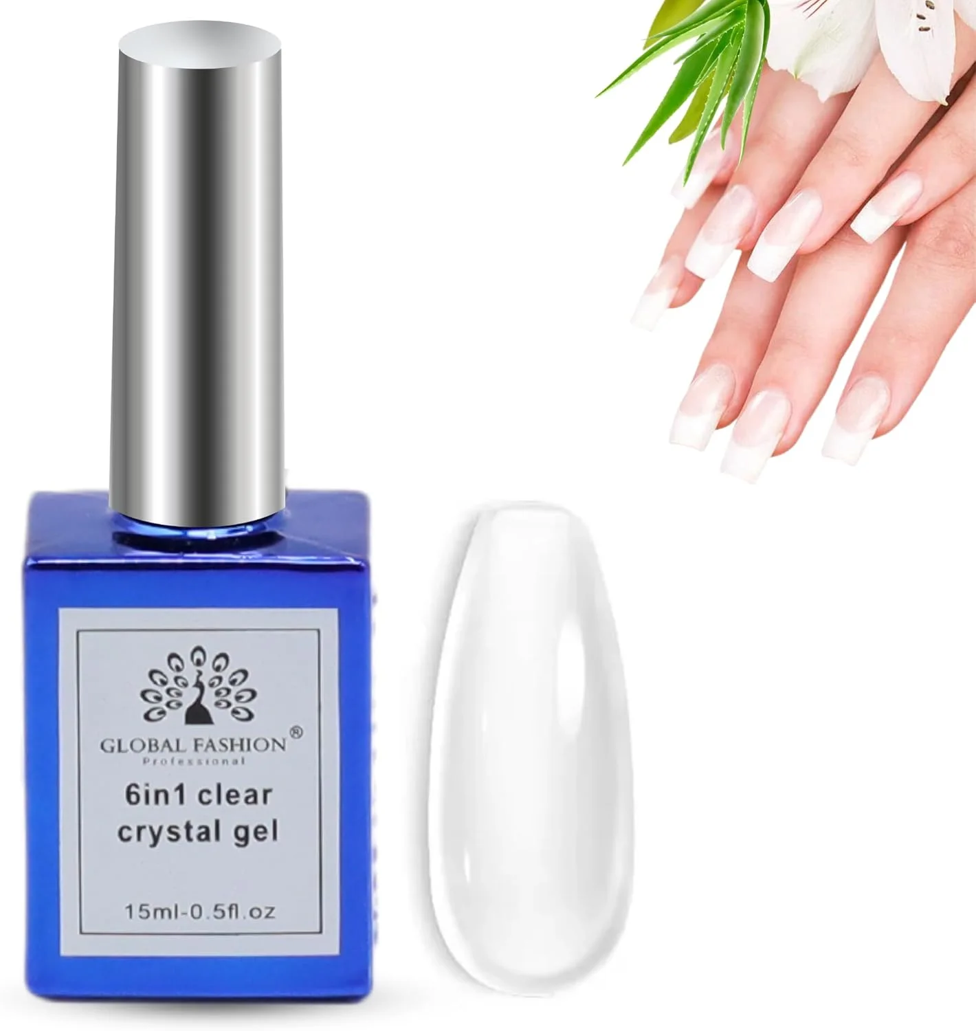 ژل بیلدر 6 در 1 شفاف کریستالی - ژل بیلدر 15 میلی لیتری UV/LED برای کاشت ناخن، تقویت، فرم دهی، لایه پایه و ترمیم | ژل ناخن حرفه ای بادوام و مقاوم در برابر لب پر شدن از گلوبال فشن