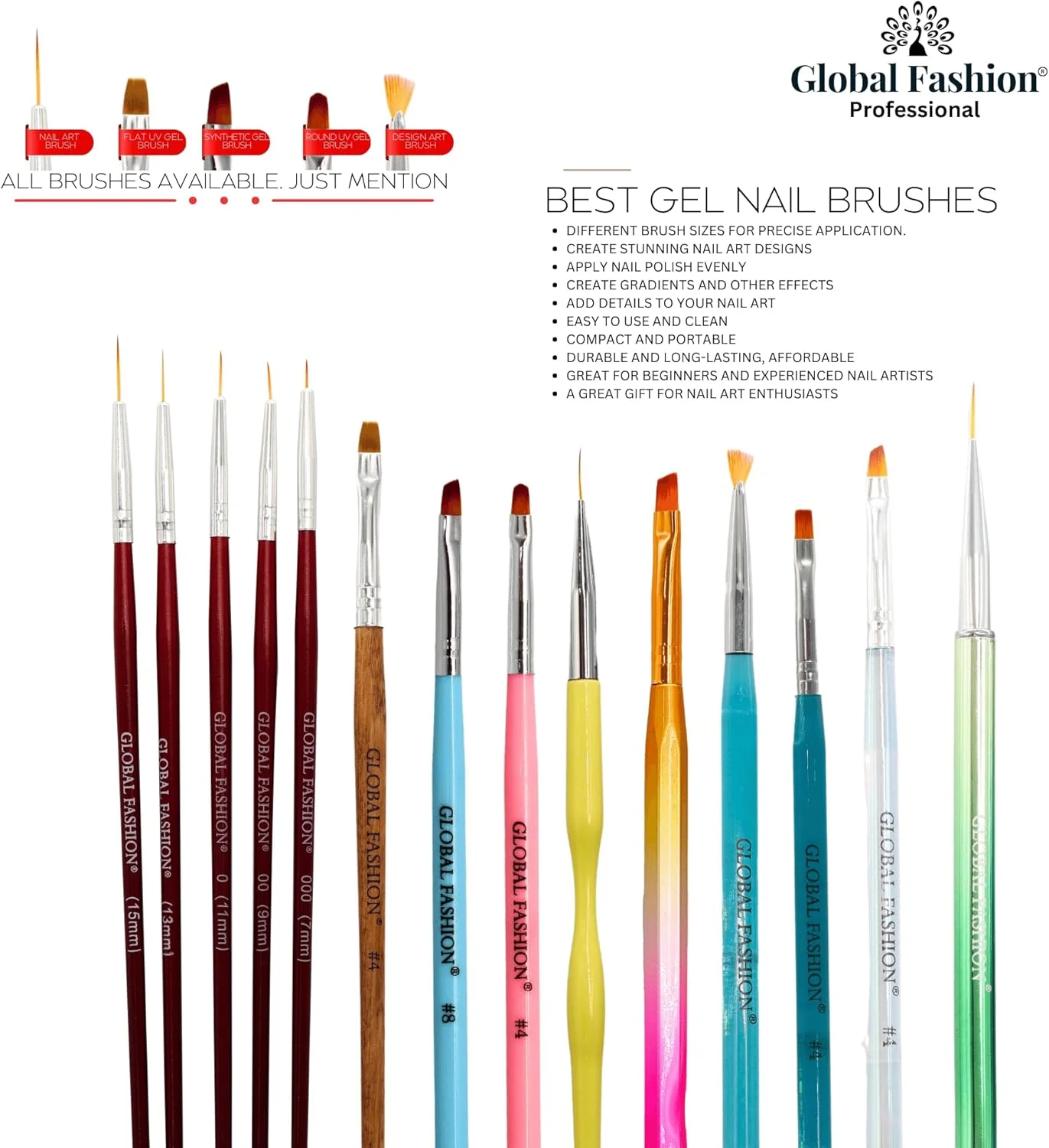 قلم طراحی ناخن گرادینت حرفه ای GLOBAL FASHION با برس تخت و ظریف - ایجاد ناخن های گرادینت خیره کننده در خانه - | (ست)