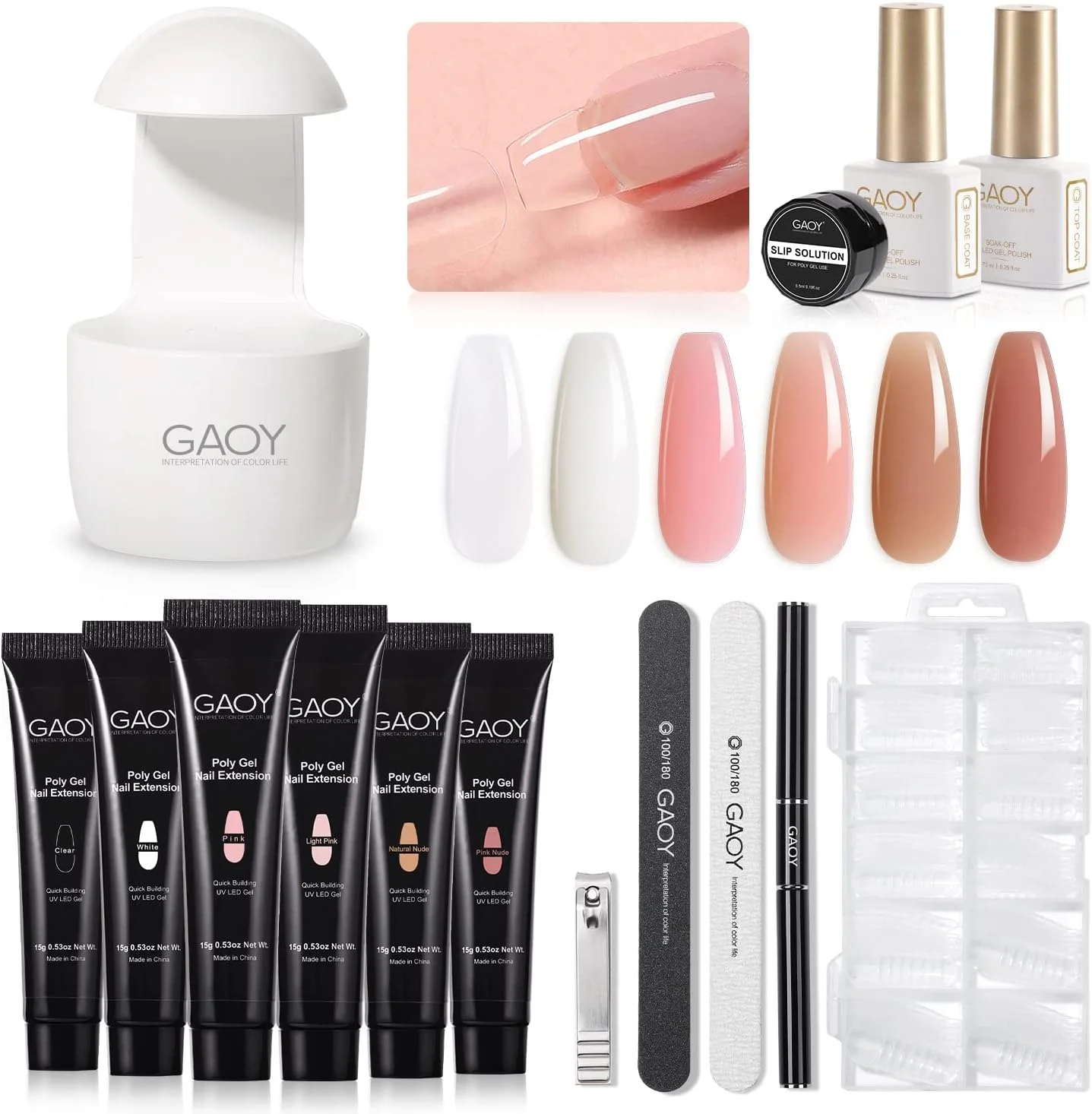 کیت ژل پولی ناخن GAOY با دستگاه یو وی، کیت اکستنشن ژل بیلدر 6 عددی برای مبتدیان با تمام لوازم مورد نیاز طراحی ناخن در خانه