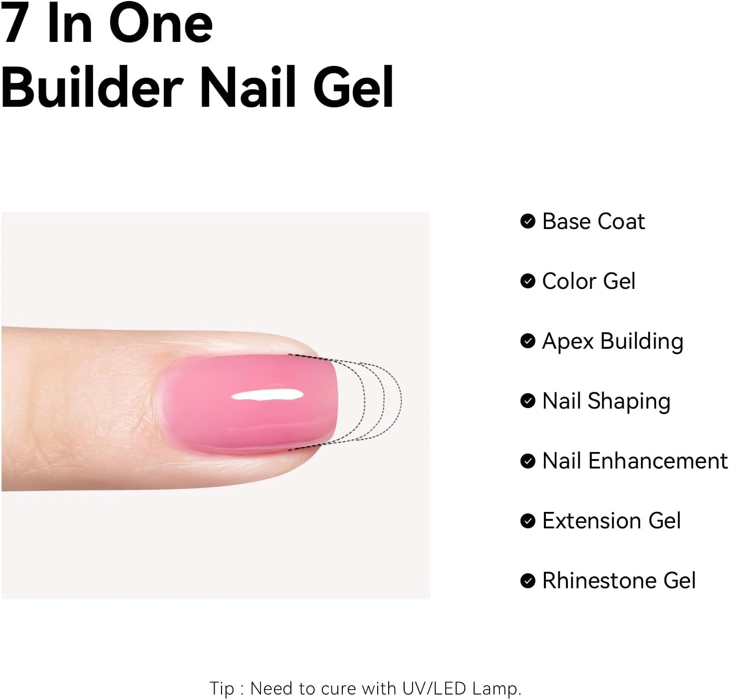 ژل ناخن سازنده شفاف صورتی MAYCHAO 7-in-ONE، ژل تقویت کننده پایه سازنده 15 میلی لیتری UV/LED در یک بطری برای ترمیم ناخن، تقویت ناخن، ژل سخت سازنده، ژل اکستنشن ناخن سازنده