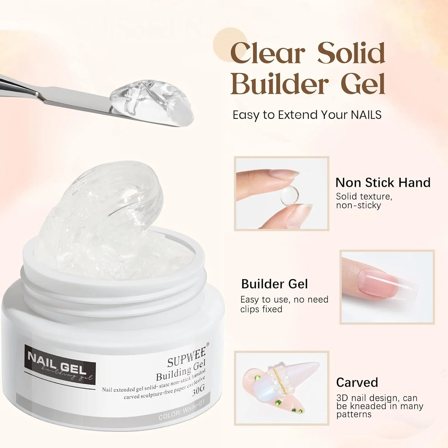 ژل بیلدر جامد برای کاشت ناخن - 30 گرم، بدون چسبندگی، مناسب برای طراحی سه بعدی، مجسمه سازی، مدلینگ و طراحی ناخن در خانه