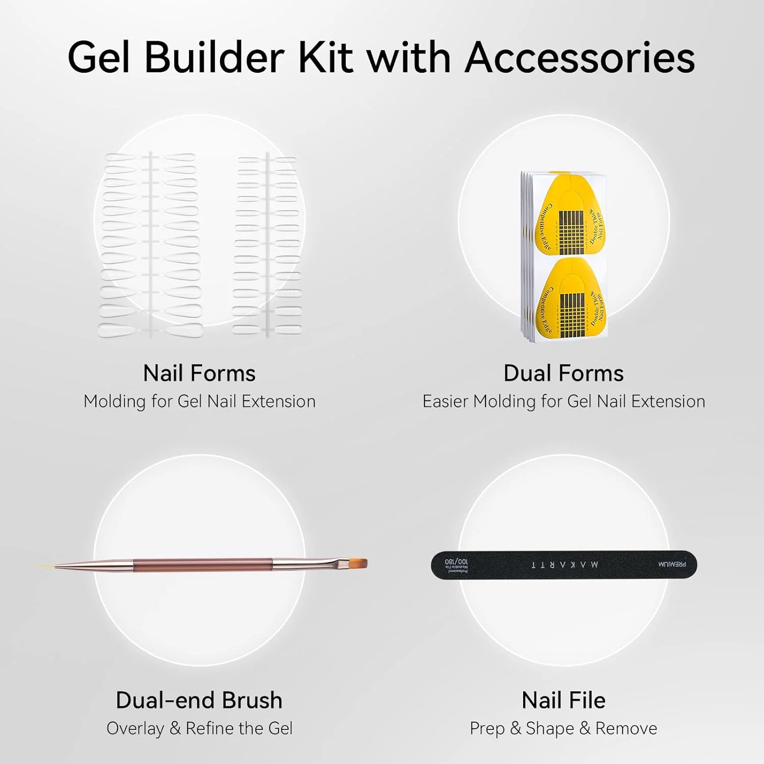 کیت ژل بیلدر شفاف Makartt: خود تراز شونده، ژل سخت اکستنشن ناخن با ماندگاری طولانی برای تقویت کننده، کیت ژل ترمیم ناخن شکسته با فرم های کاغذی، فرم های دوتایی، سوهان ناخن و برس دو طرفه 30 میلی لیتر