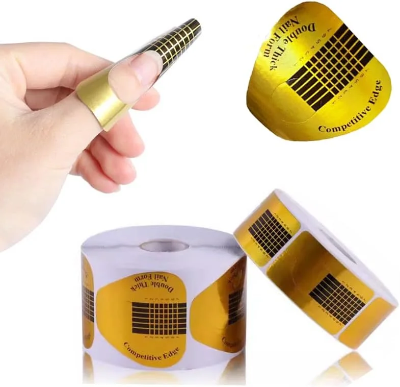 ۱۰۰ عدد فرم اکستنشن ناخن، فرم ناخن برای ژل بیلدر، شکل نعل اسبی طلایی، اکستنشن نوک های هنری ضخیم، استیکرهای کاغذی بادوام اکرلیک علامت گذاری شده، هنر برای خانه و سالن