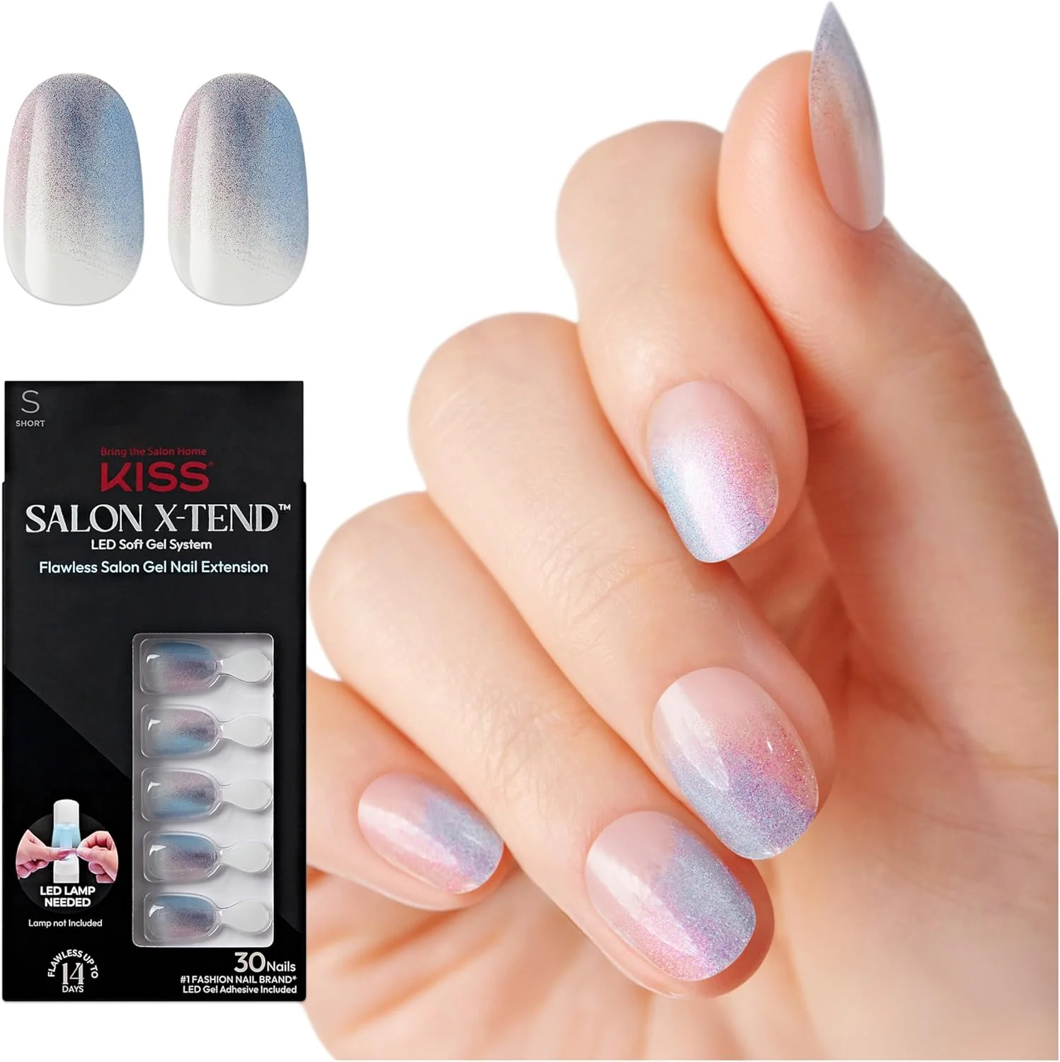 کیت ناخن ژلی LED سالن X-tend کیس، ناخن مصنوعی چسبی، چند رنگ، بیضی کوتاه، 30 عدد ناخن مصنوعی، چسب ناخن ژلی نرم 5 میلی لیتر، پد آماده سازی، چوب مانیکور و سوهان ناخن کوچک