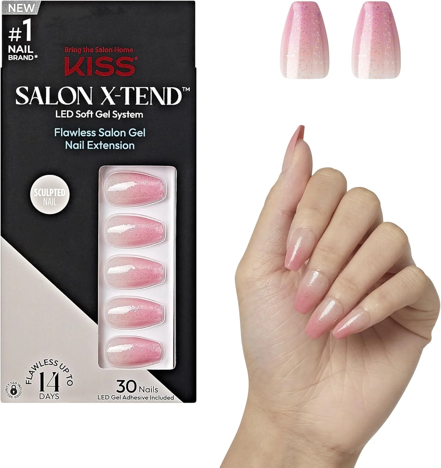 ناخن مصنوعی چسبی KISS Salon X-Tend، شامل چسب ناخن، 'Detox'، صورتی متوسط، سایز متوسط، مدل تابوتی، شامل 30 ناخن، چسب ژل نرم LED 5 میلی لیتری، 1 عدد چوب مانیکور، 1 عدد مینی L