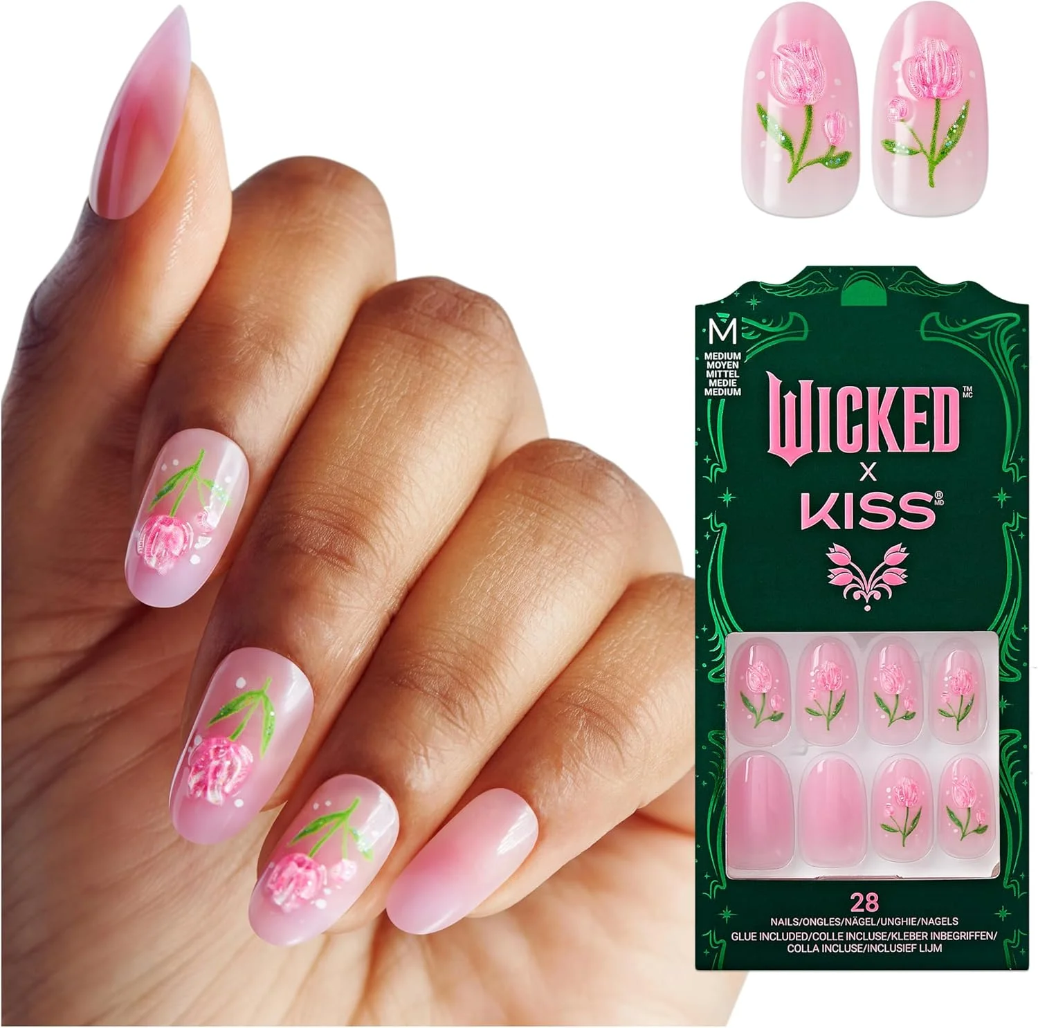 ناخن مصنوعی چسبی WICKED X KISS، طرح ‘Bloom in Land’، صورتی، بیضی متوسط، ضد آب، مقاوم در برابر لب پر شدن، مقاوم در برابر لک، 28 عدد ناخن مصنوعی، چسب ناخن ژلی صورتی (2 گرم)، سوهان ناخن کوچک و چوب مانیکور