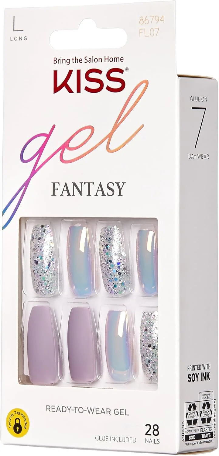 مجموعه ناخن مصنوعی ژلی KISS مدل 'Rainbow Rings'، قد بلند، فرم تابوتی، ناخن های ژلی بنفش با سوهان ناخن کوچک، چسب ناخن ژلی صورتی و 28 ناخن چسبی ضد لک