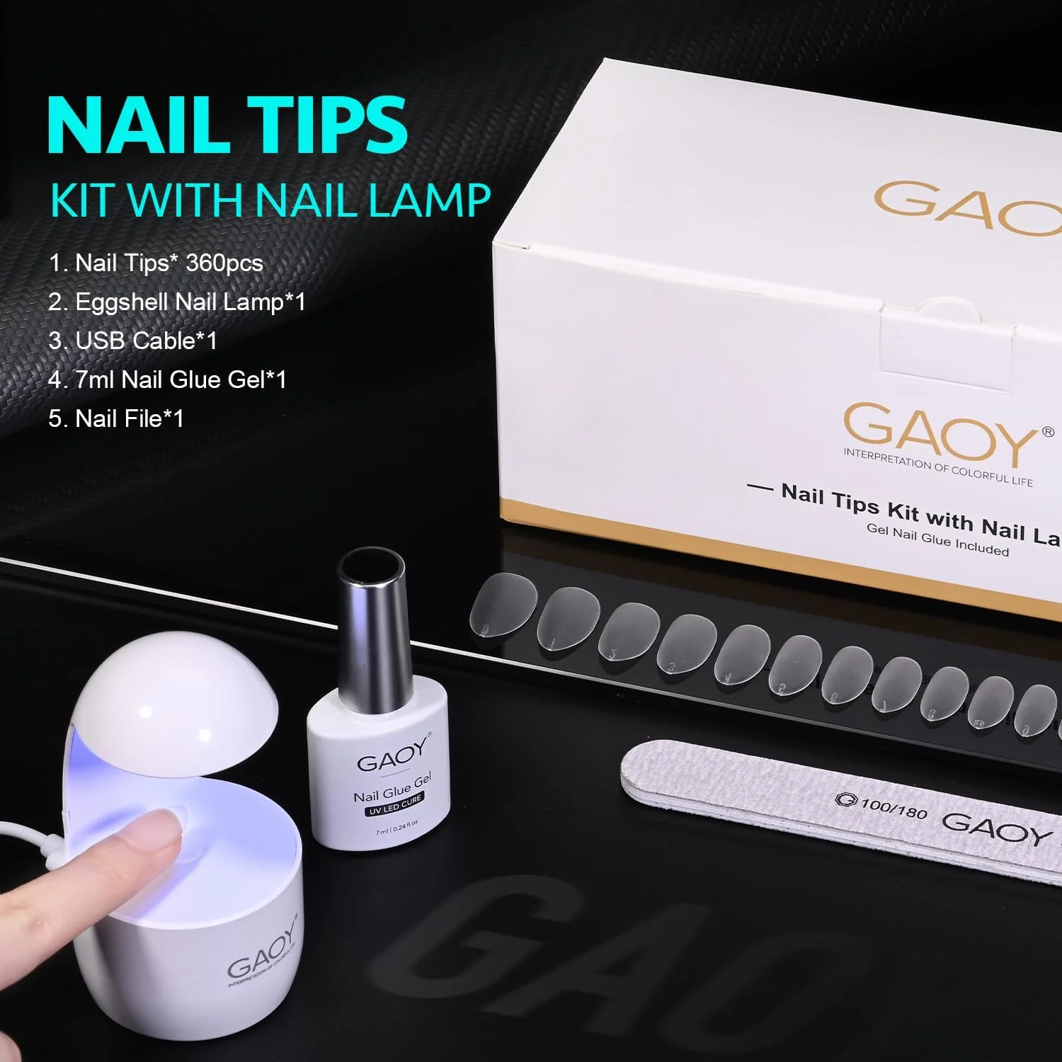 چسب کاشت ناخن ژلی GAOY و کیت ناخن با چراغ UV کوچک، کیت ناخن X ژلی، 360 عدد، تیپ ناخن بادامی مات خیلی کوتاه برای کاشت سریع ناخن