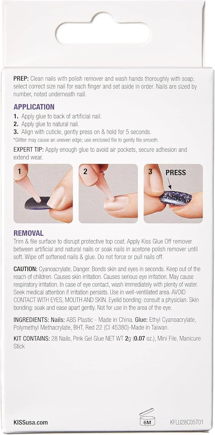 مجموعه ناخن مصنوعی ژلی KISS مدل 'Rainbow Rings'، قد بلند، فرم تابوتی، ناخن های ژلی بنفش با سوهان ناخن کوچک، چسب ناخن ژلی صورتی و 28 ناخن چسبی ضد لک