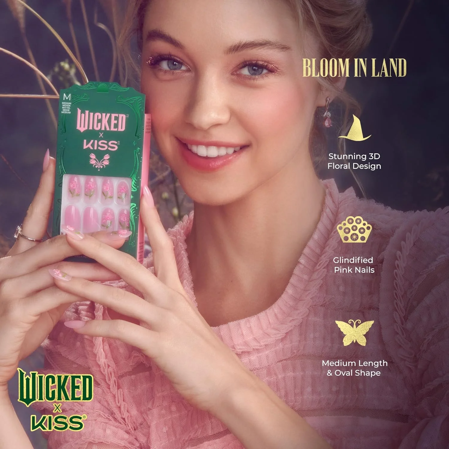 ناخن مصنوعی چسبی WICKED X KISS، طرح ‘Bloom in Land’، صورتی، بیضی متوسط، ضد آب، مقاوم در برابر لب پر شدن، مقاوم در برابر لک، 28 عدد ناخن مصنوعی، چسب ناخن ژلی صورتی (2 گرم)، سوهان ناخن کوچک و چوب مانیکور