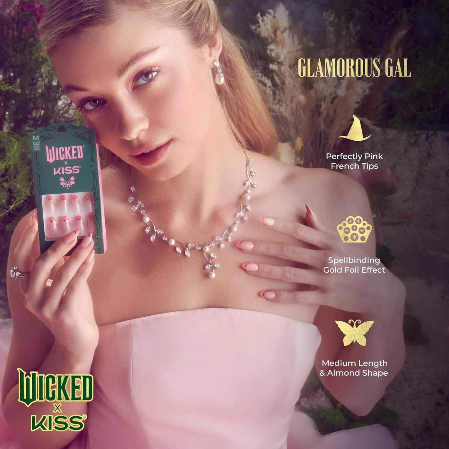 ناخن مصنوعی بادامی WICKED X KISS، مدل 'Glamorous Gal'، صورتی، متوسط، ضد آب، مقاوم در برابر لب پر شدن و لک، 28 عدد ناخن مصنوعی، چسب ناخن ژلی صورتی (2 گرم)، سوهان ناخن کوچک و چوب مانیکور