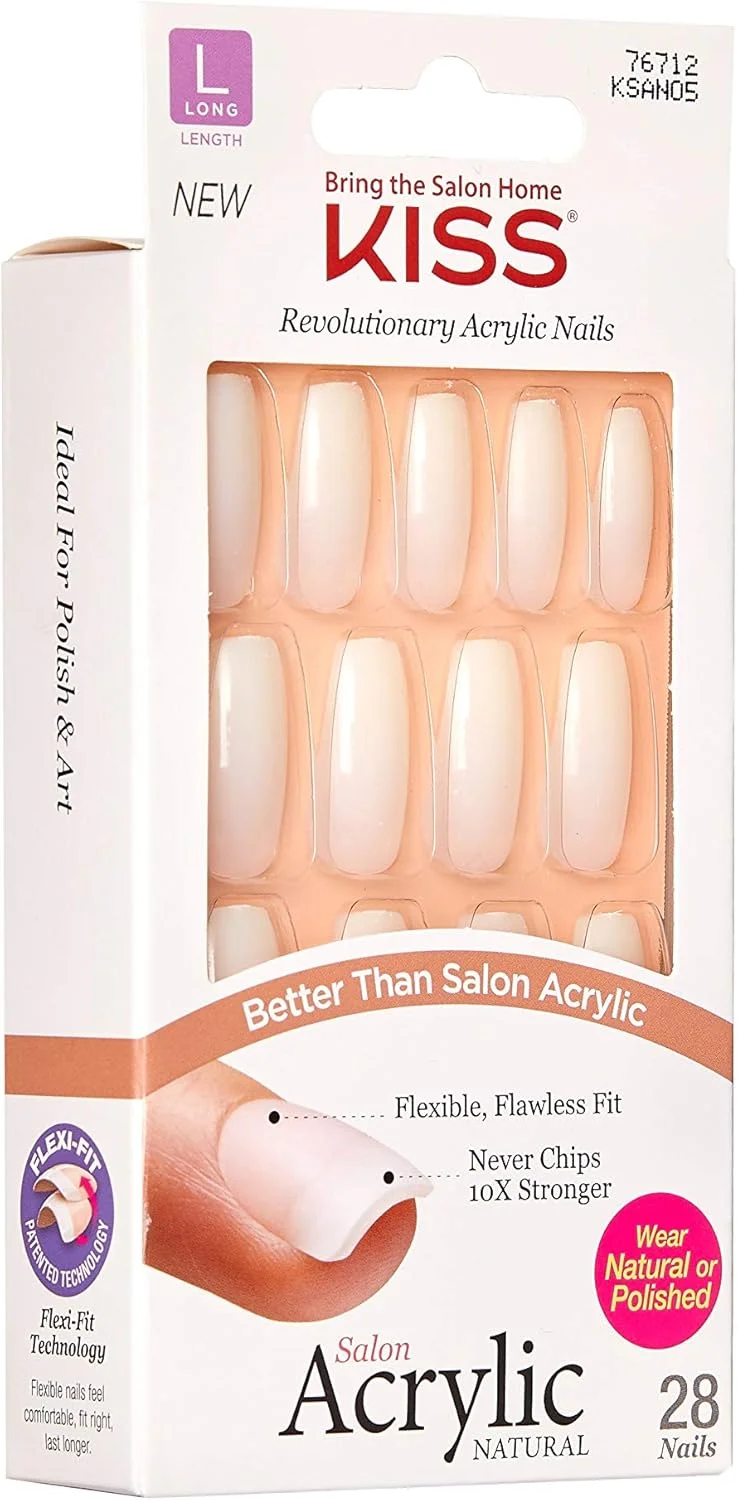 ناخن مصنوعی سالنی آکریلیک کیس، شامل چسب ناخن، 'به اندازه کافی قوی'، سفید، سایز بلند، مدل تابوتی، شامل 28 ناخن، چسب 2 گرمی، 1 چوب مانیکور، 1 سوهان کوچک