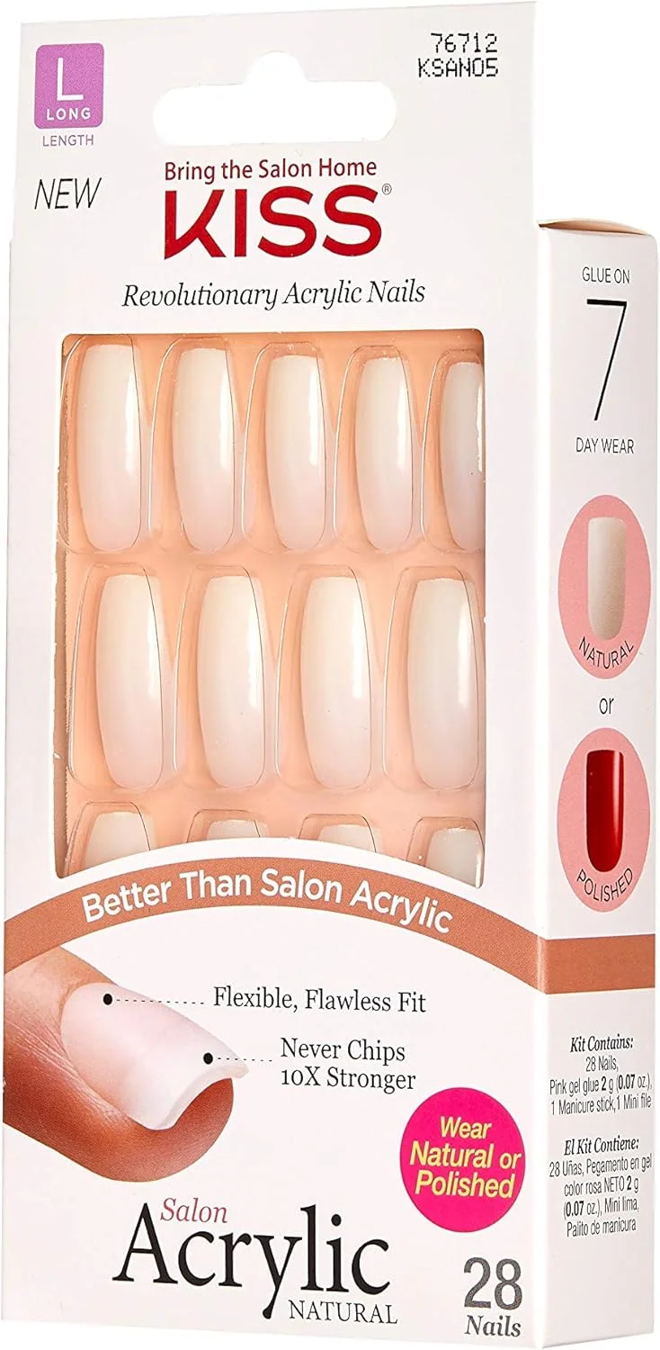 ناخن مصنوعی سالنی آکریلیک کیس، شامل چسب ناخن، 'به اندازه کافی قوی'، سفید، سایز بلند، مدل تابوتی، شامل 28 ناخن، چسب 2 گرمی، 1 چوب مانیکور، 1 سوهان کوچک