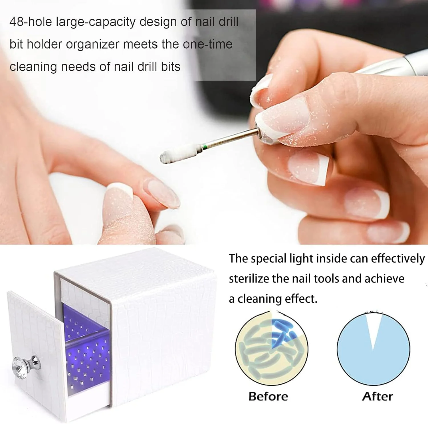 جا ابزاری سر سوهان ناخن SYOSI، دارای 48 سوراخ، استند نگهدارنده و نظم دهنده، محفظه سر سوهان با نور آبی فرابنفش، جعبه نگهداری سر پولیش ضد گرد و غبار با شارژ USB برای سالن ناخن (سفید) جا ابزاری سر سوهان ناخن SYOSI، دارای 48 سوراخ، استند نگهدارنده و نظم دهنده، محفظه سر سوهان با نور آبی فرابنفش، جعبه نگهداری سر پولیش ضد گرد و غبار با شارژ USB برای سالن ناخن (سفید)
