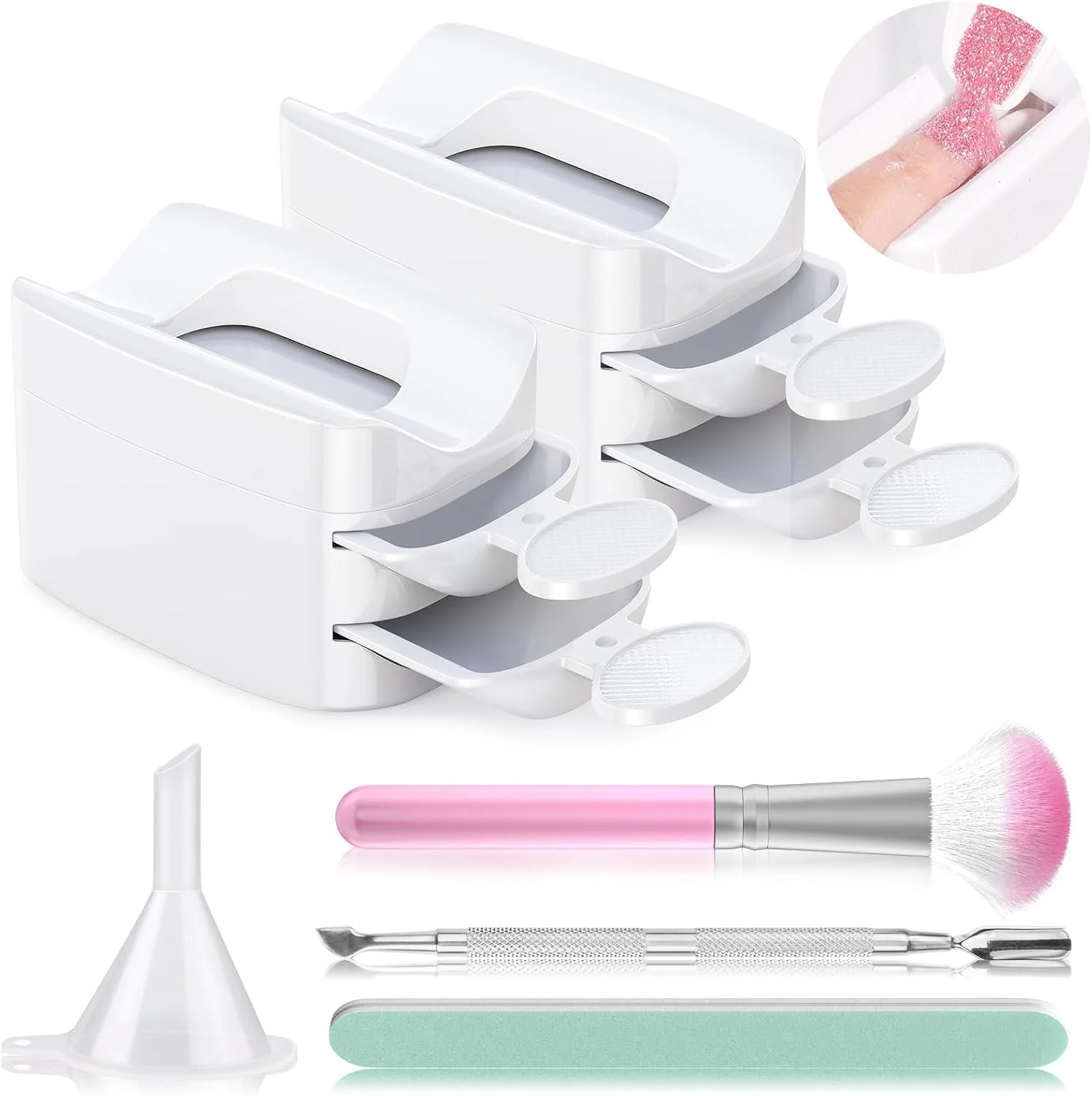 سینی بازیافت پودر دیپ TERRIFI، ست استارتر قابل حمل پودر دیپ ناخن به همراه اسکوپ، برس گرد و غبار ناخن، عقب زننده کوتیکول دو سر فلزی و سوهان ناخن، لوازم جانبی مانیکور ناخن