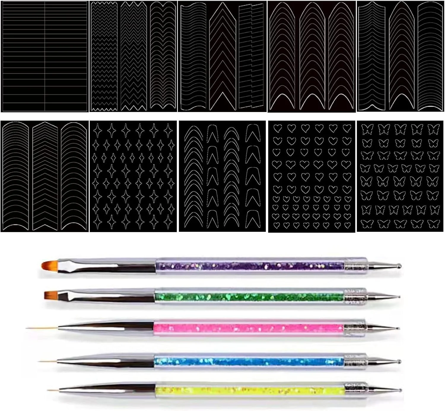 مجموعه برچسب ناخن، استیکرهای طراحی ناخن، برچسب ناخن هلال ماه جوهر فرانسوی، راهنمای برچسب نوک ناخن خود چسب، 5 عدد برس خط ناخن برای ابزار شابلون تزئینات DIY، 12 ورق