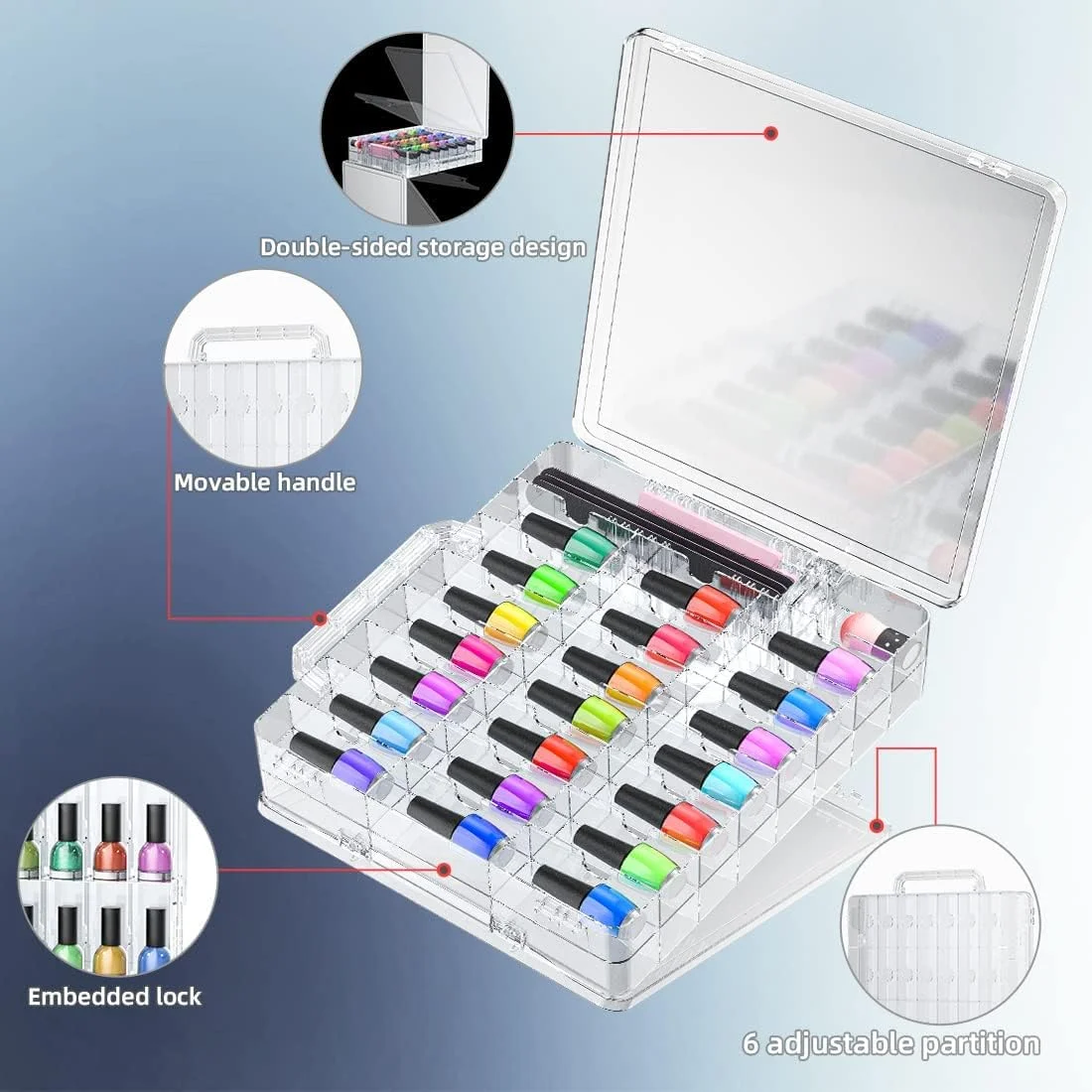 جعبه نگهداری لاک ناخن TERRIFI، جا لاکی شفاف برای ۴۸ عدد لاک، جعبه دو طرفه برای نگهداری و نمایش لاک ناخن جعبه نگهداری لاک ناخن TERRIFI، جا لاکی شفاف برای ۴۸ عدد لاک، جعبه دو طرفه برای نگهداری و نمایش لاک ناخن