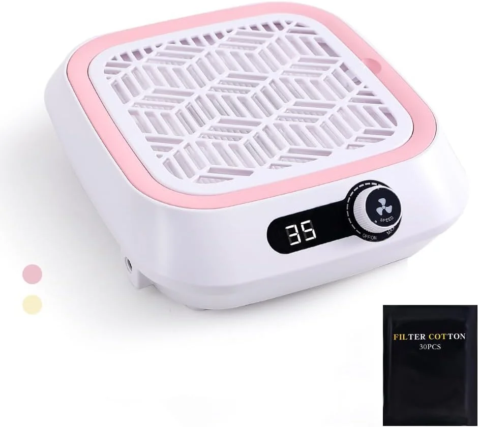 دستگاه جمع کننده گرد و غبار ناخن، فن مکنده قوی و کم صدا، مناسب برای استفاده حرفه ای در سالن ها و منزل، دارای فیلتر قابل استفاده مجدد، 30 عدد فیلتر نبافته و 1 عدد برس گردگیری - صورتی