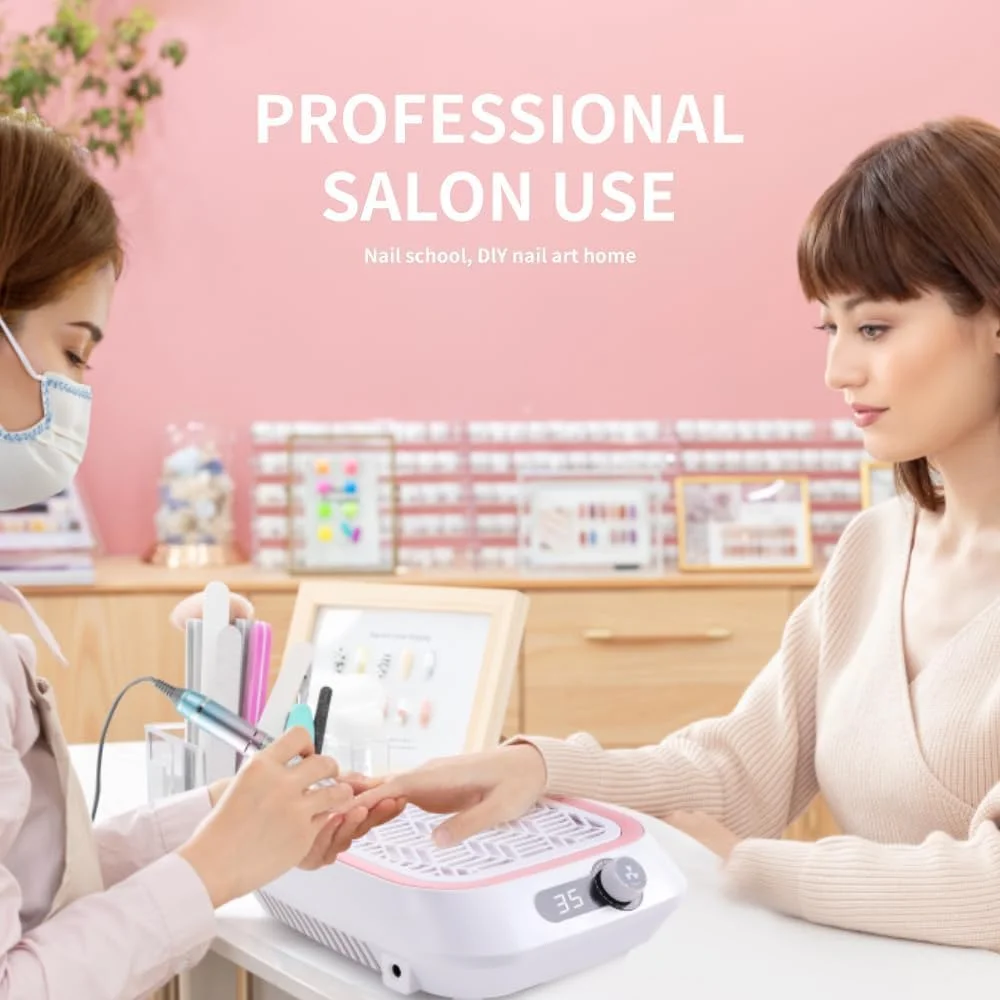 دستگاه جمع کننده گرد و غبار ناخن، فن مکنده قوی و کم صدا، مناسب برای استفاده حرفه ای در سالن ها و منزل، دارای فیلتر قابل استفاده مجدد، 30 عدد فیلتر نبافته و 1 عدد برس گردگیری - صورتی