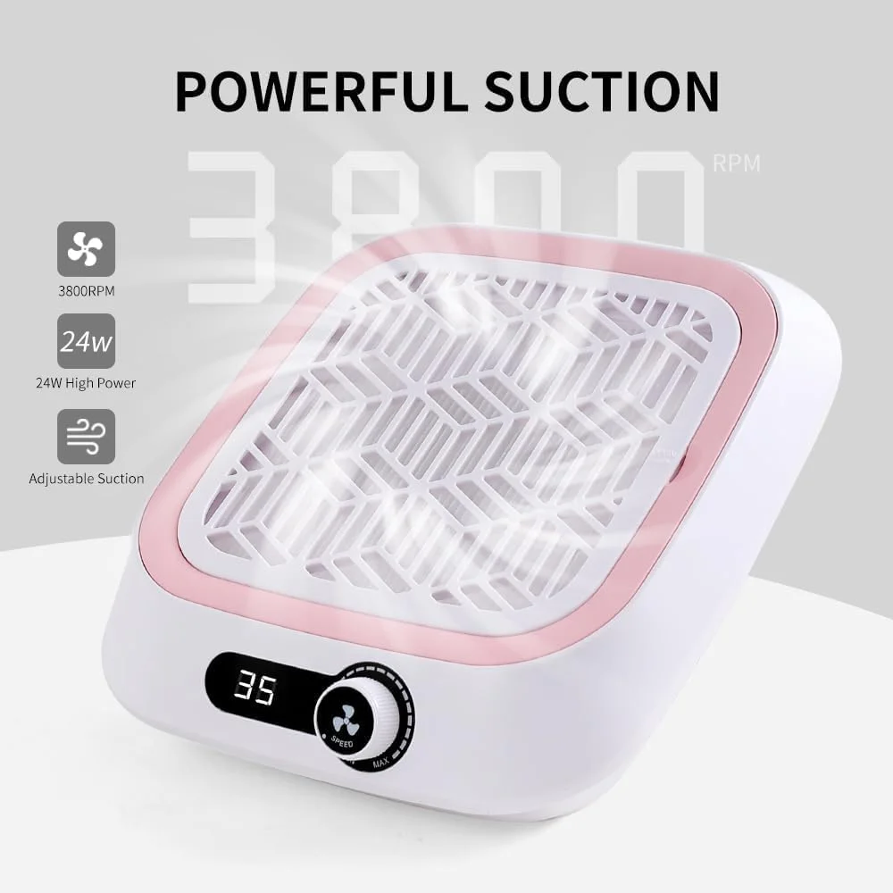 دستگاه جمع کننده گرد و غبار ناخن، فن مکنده قوی و کم صدا، مناسب برای استفاده حرفه ای در سالن ها و منزل، دارای فیلتر قابل استفاده مجدد، 30 عدد فیلتر نبافته و 1 عدد برس گردگیری - صورتی